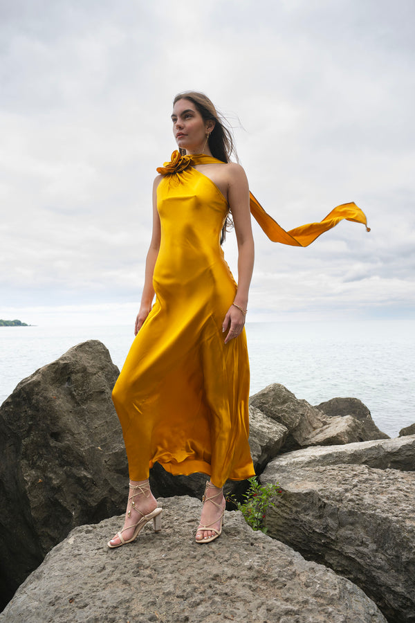 Amal Silk Slip Dress with Floral Corsage XS