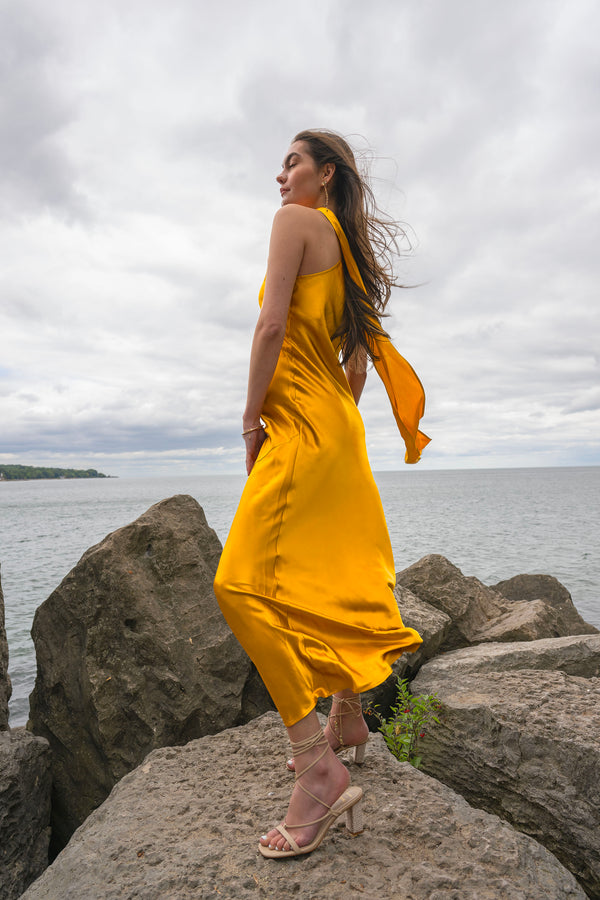 Amal Silk Slip Dress with Floral Corsage