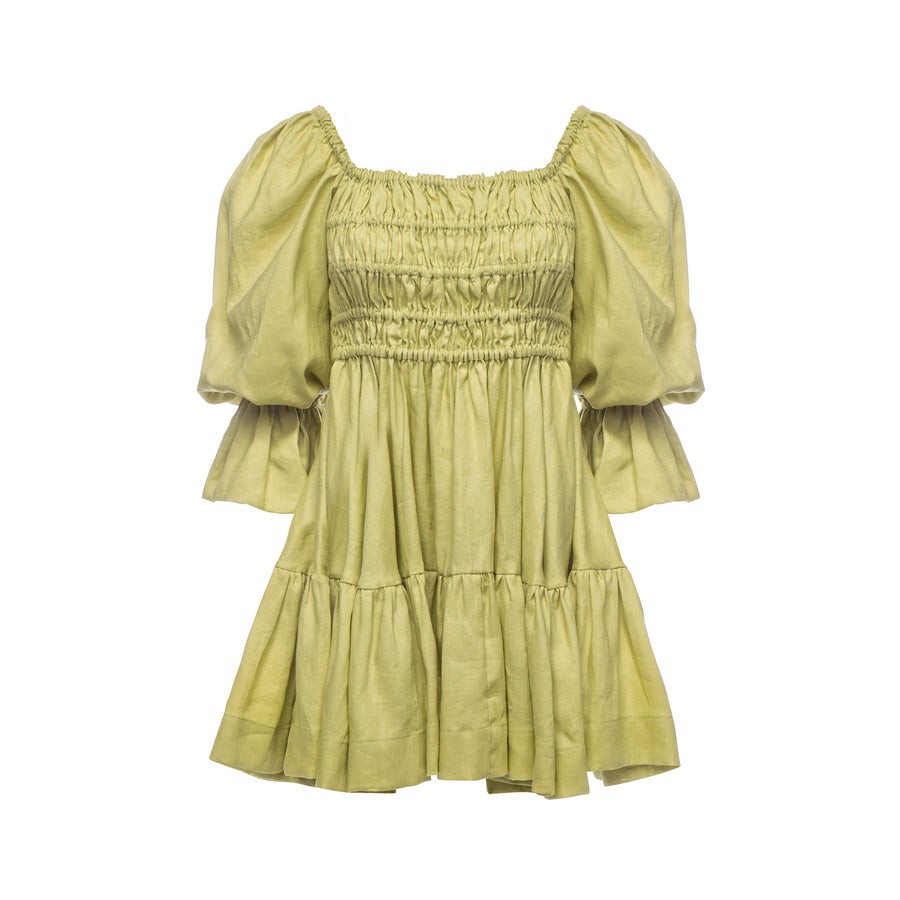 Amelia Ruched Mini Linen Dress in Lime Cream