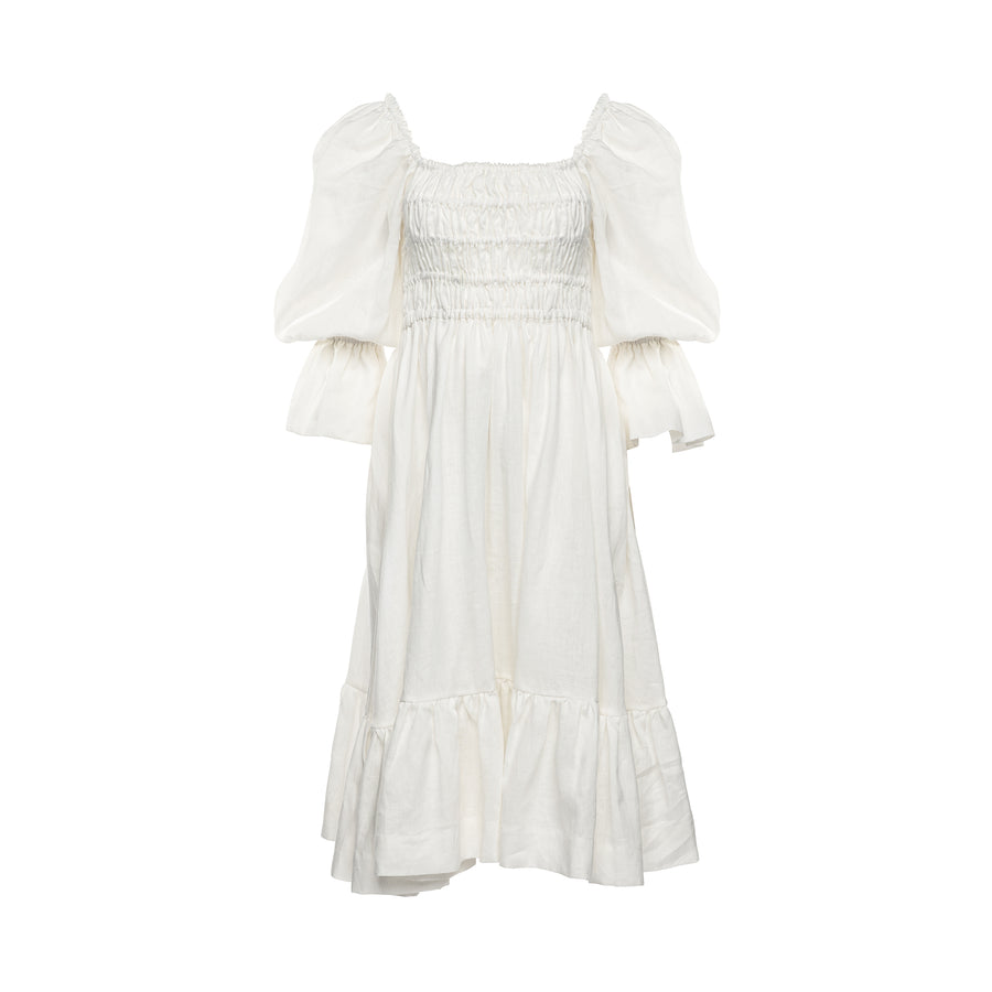 Amelia Ruched Midi Linen Dress in Dove