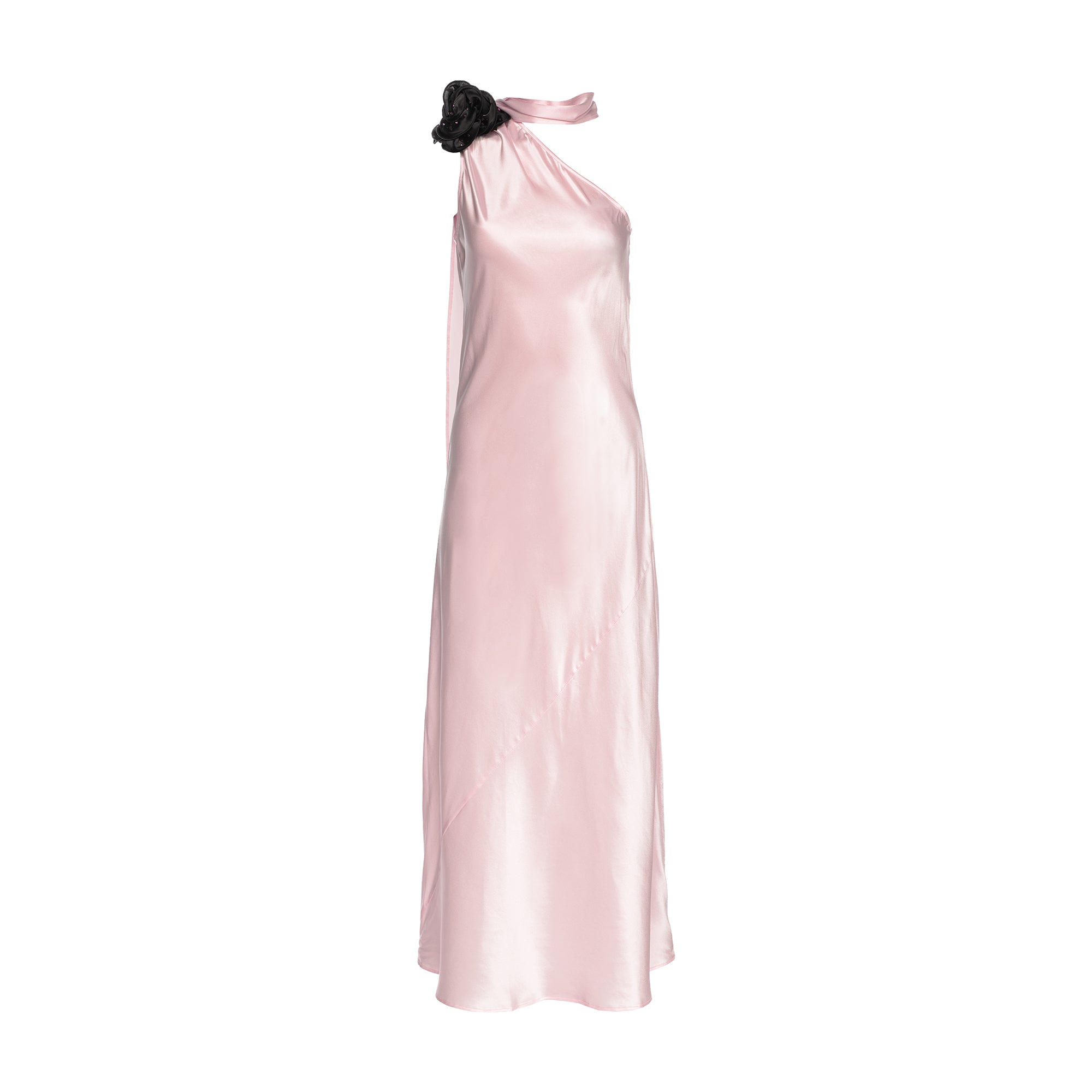 Portia Asymmetric Maxi Dress Pink With Black Crystallized Corsage