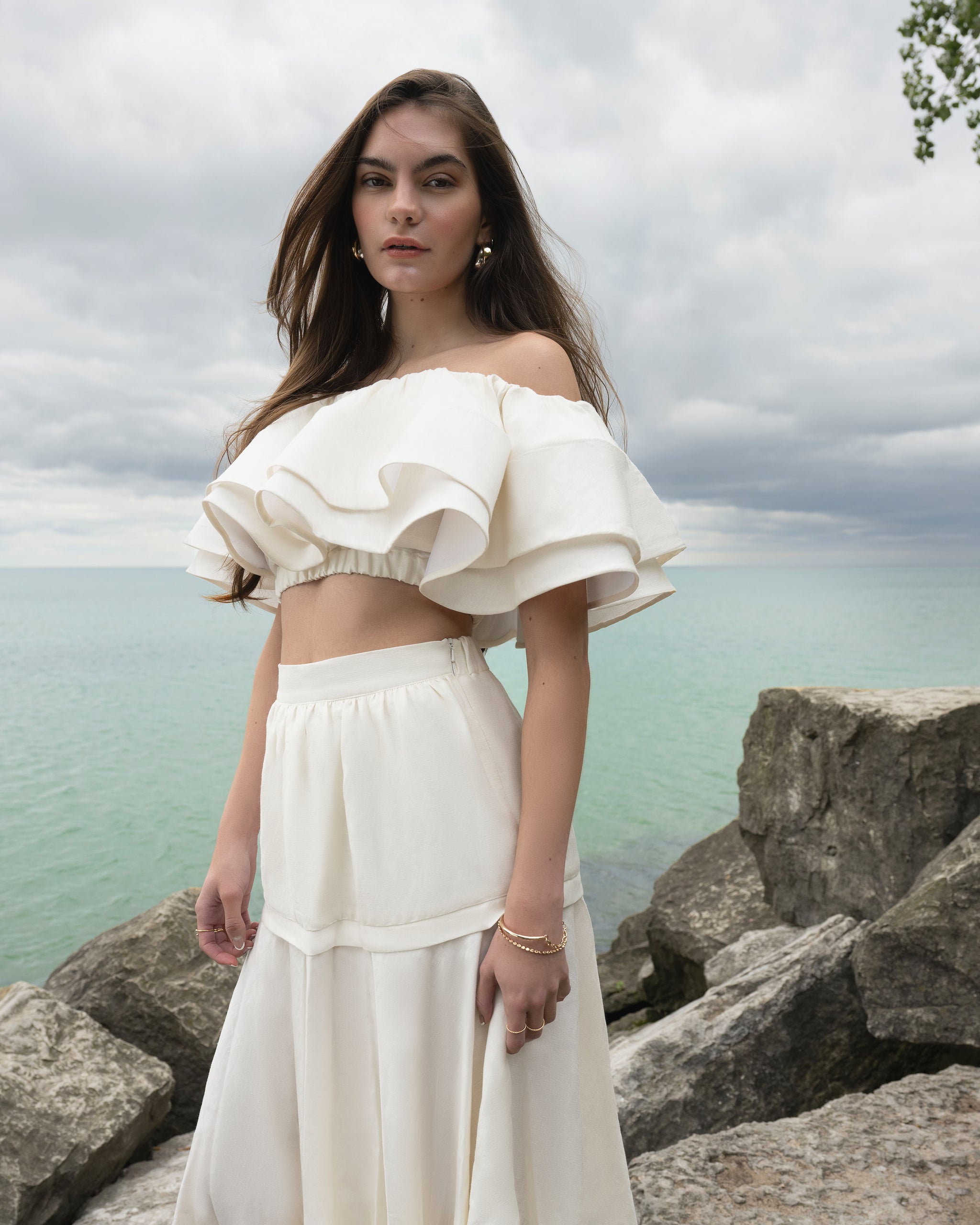 White Ruffle Hem Off Shoulder Long Sleeve Top Dress White Ruffle