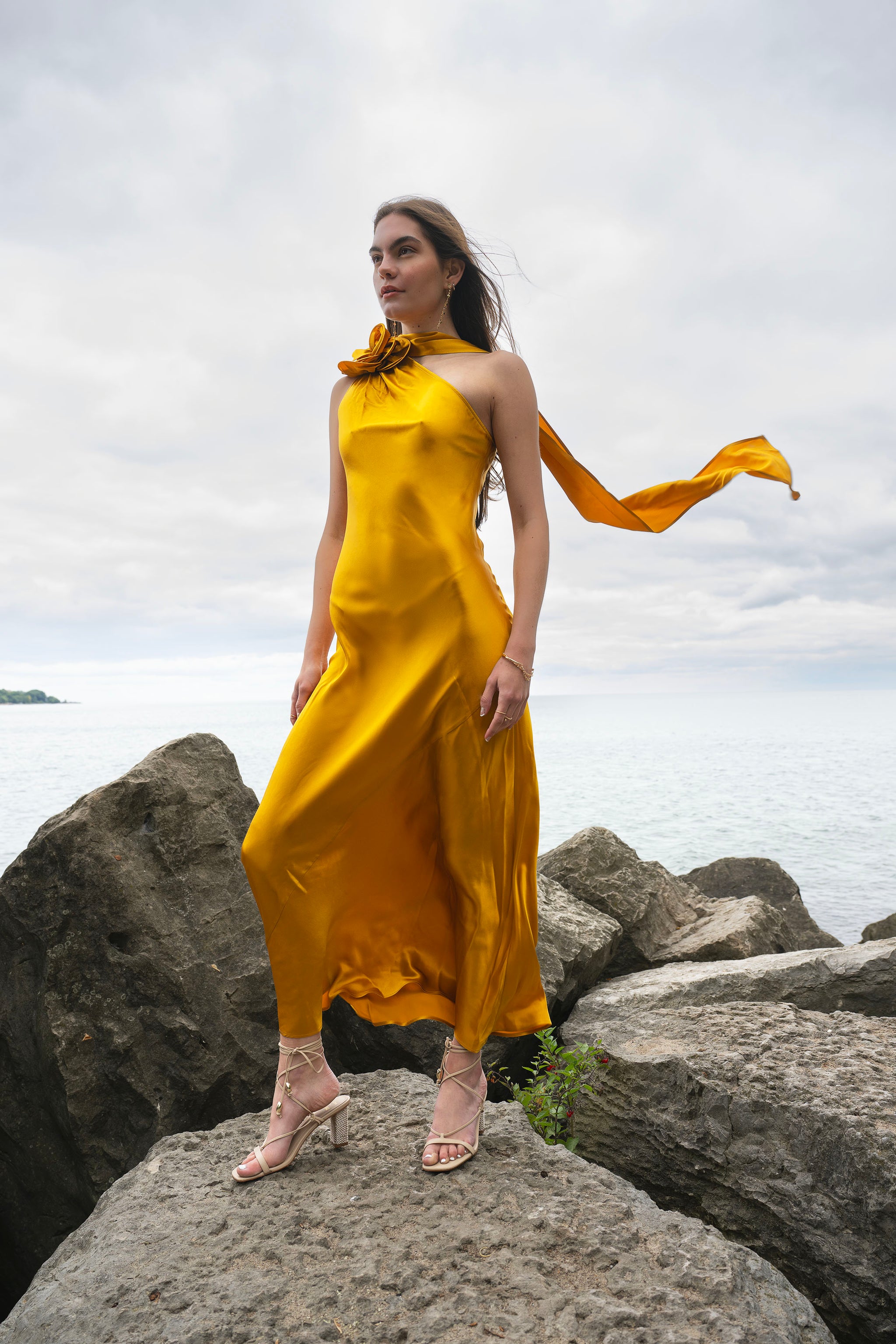 silk dress with flowers Amal Silk Slip Dress with Floral Corsage