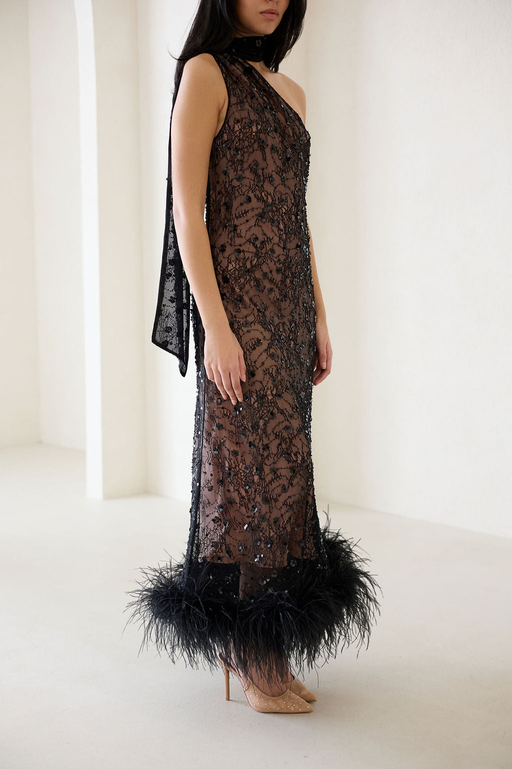 Liya Shadow Lace Feather Dress