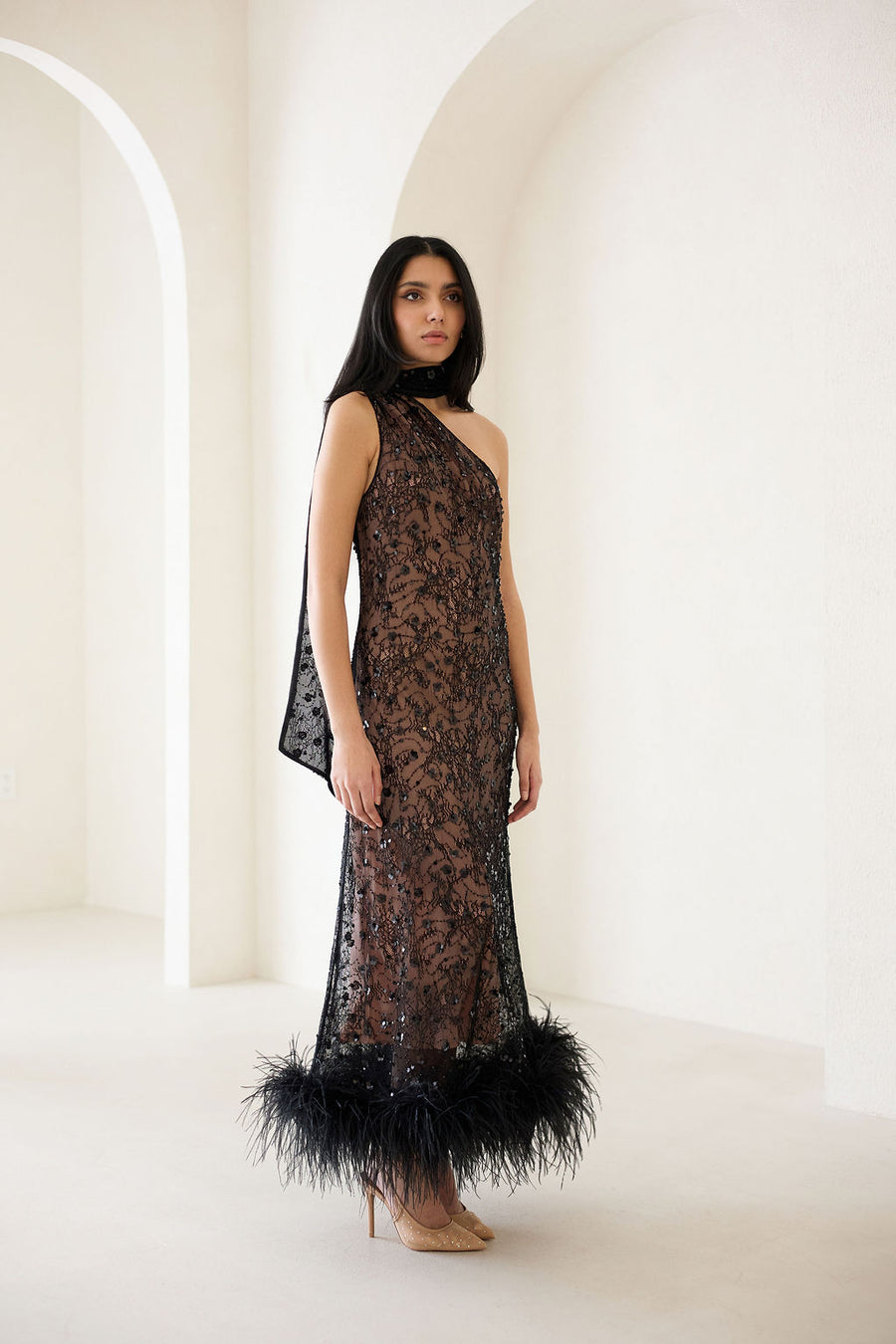 Liya Shadow Lace Feather Dress