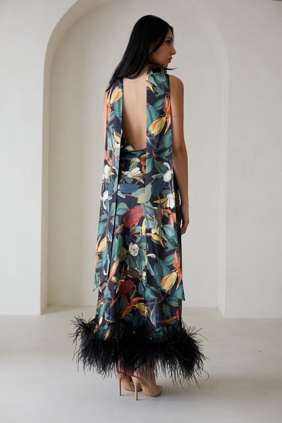 Maliya Feather Dress in Nocturne Botanica