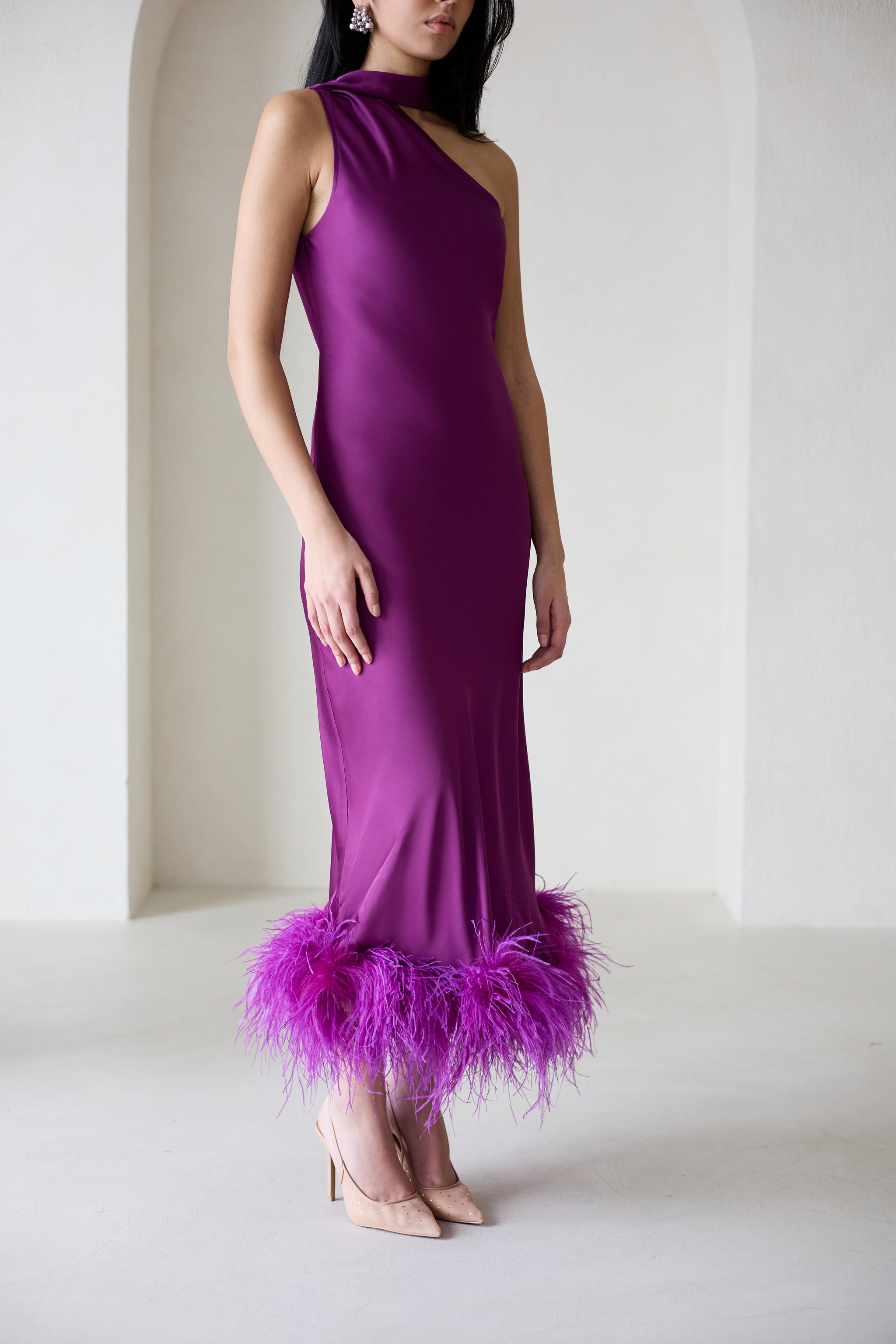 Liya One Sleeve Silky Maxi Dress in Amethyst