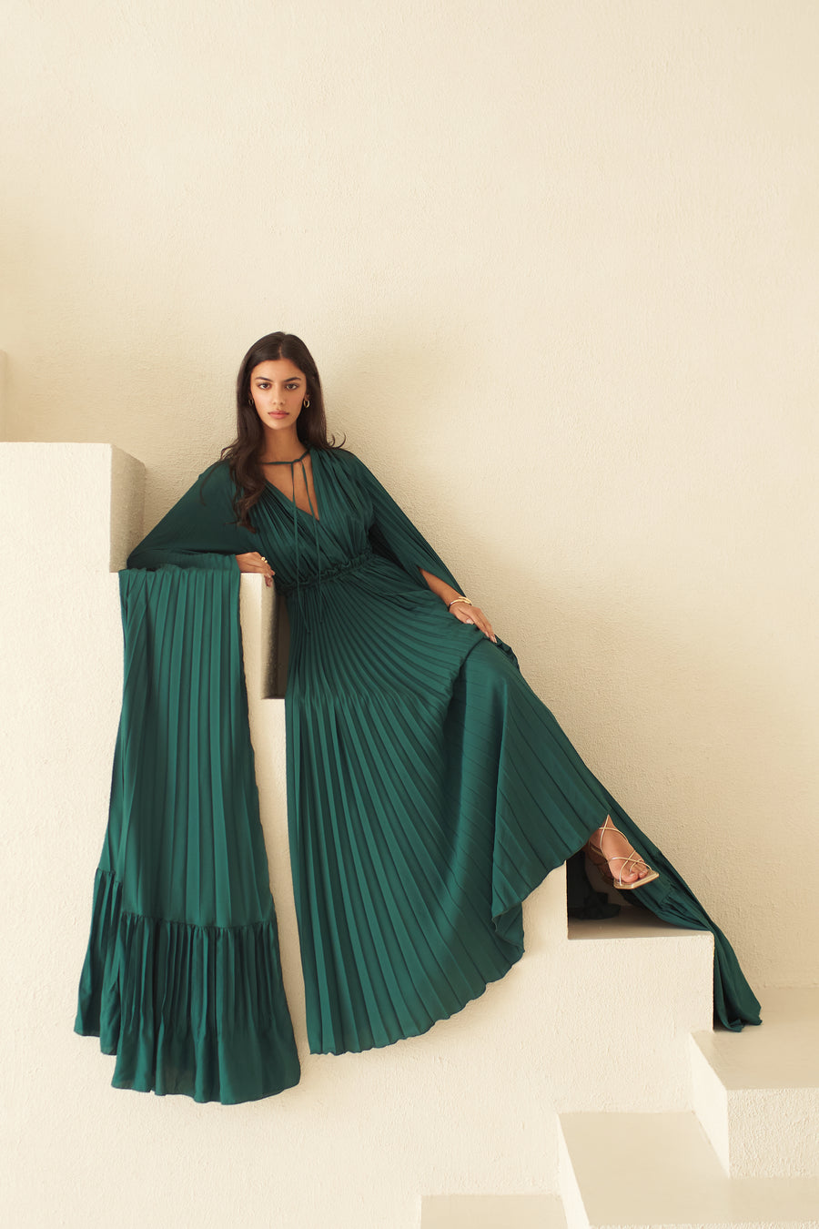 Zaria Plisse Cape Gown Emerald