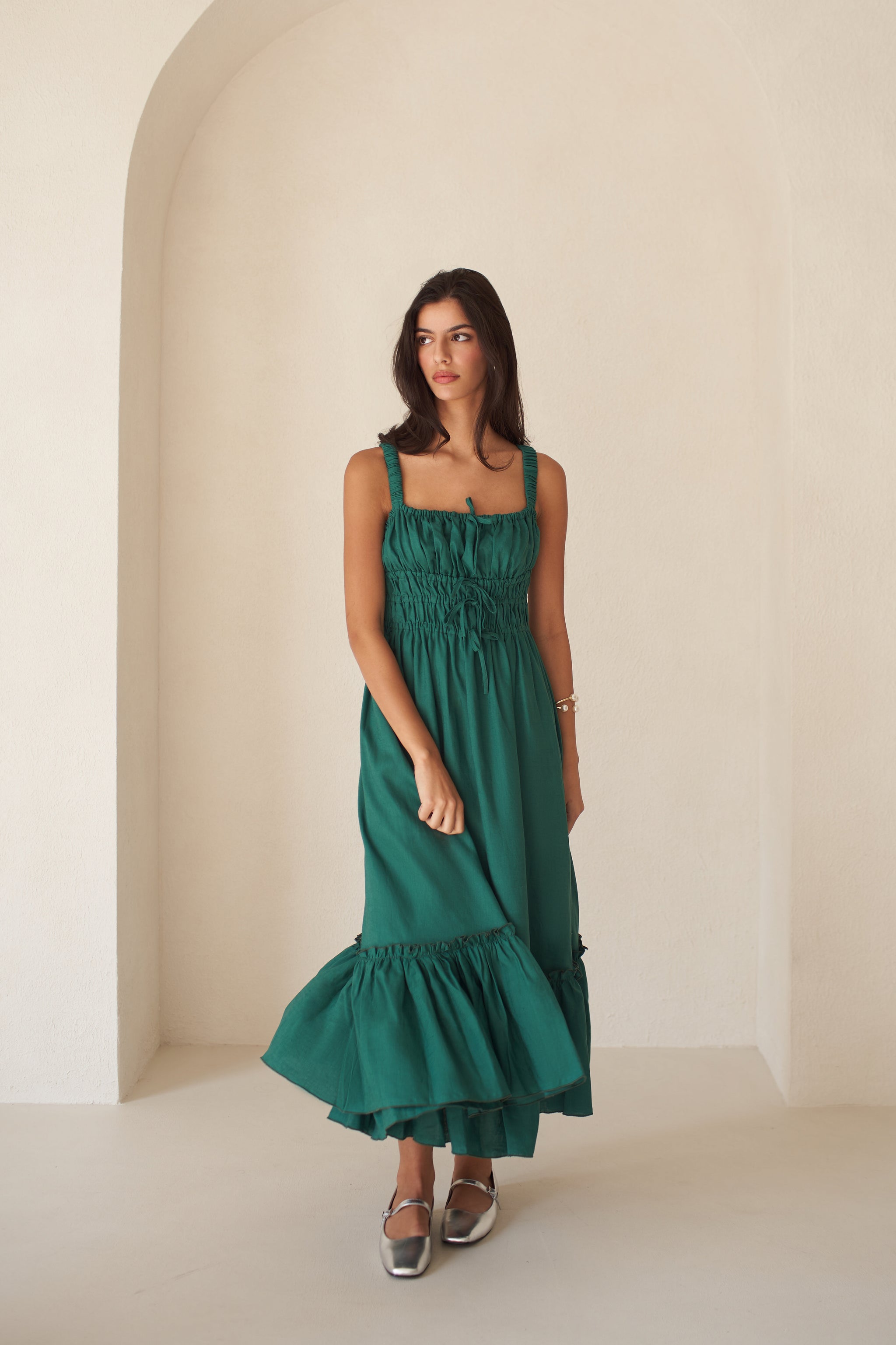 Amara Ruched Midi Linen Dress in Emerald - Vasiliki Amara Ruched Midi Linen Dress in Emerald - Vasiliki