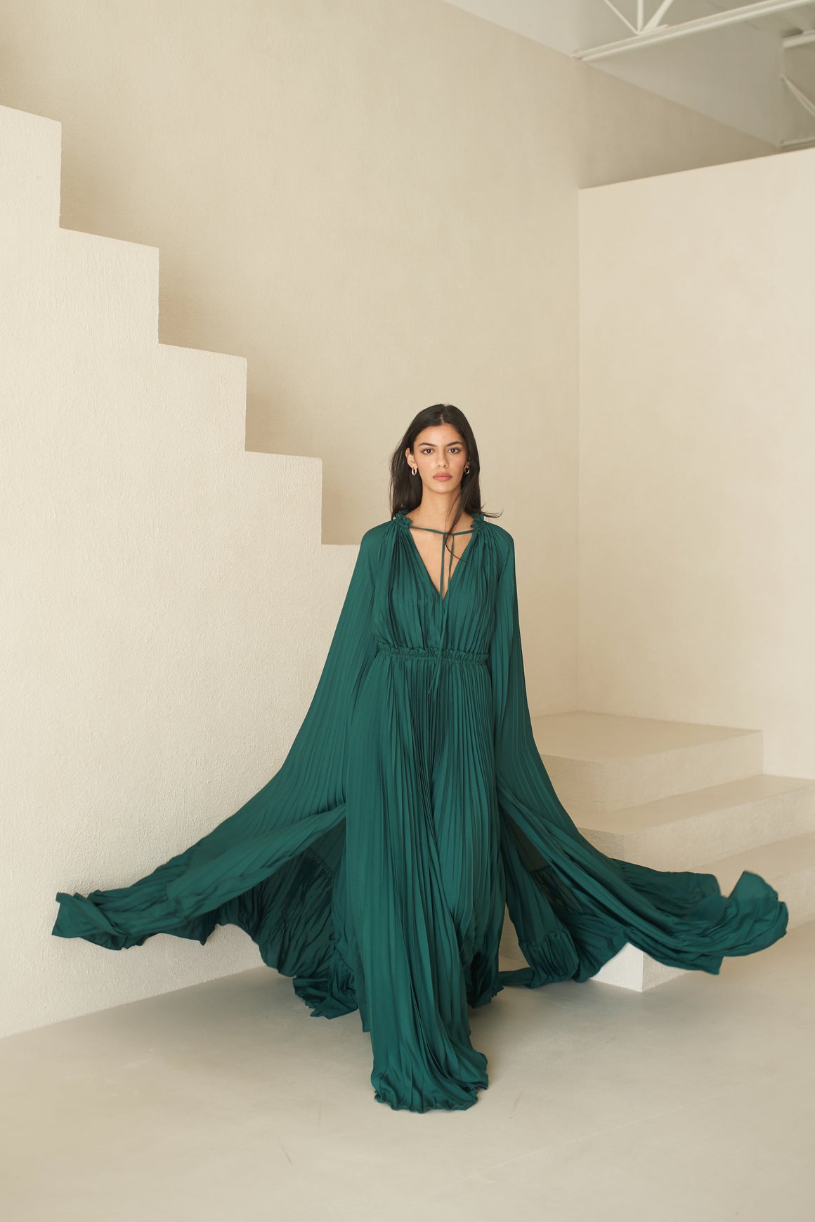 Zaria Plisse Cape Gown Emerald