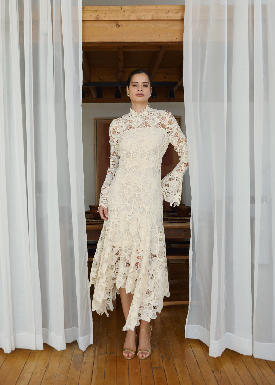 Leila High Neck Lace Dress Cream
