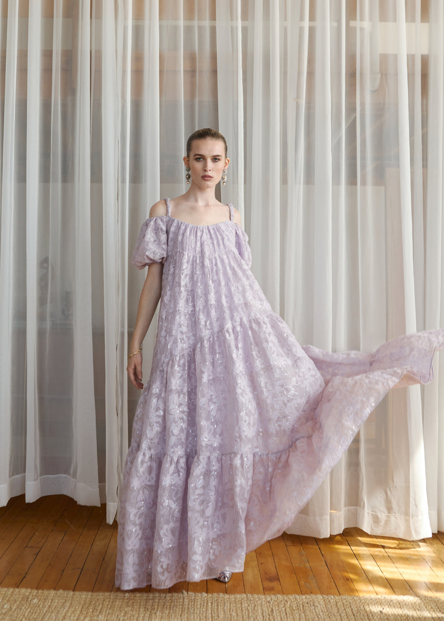 Elara Off-Shoulder Dress in Thistle