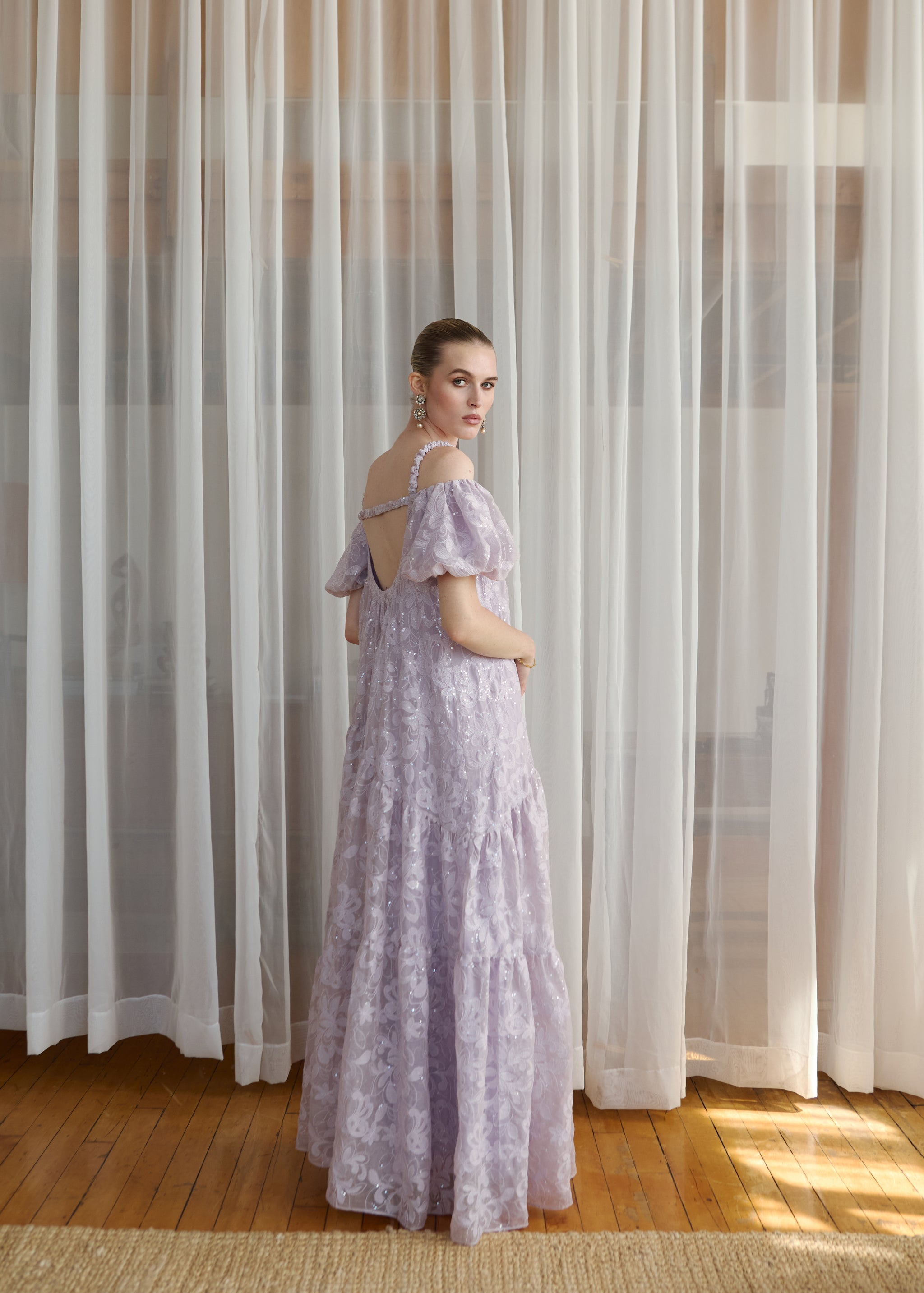 Elara Off-Shoulder Dress in Thistle