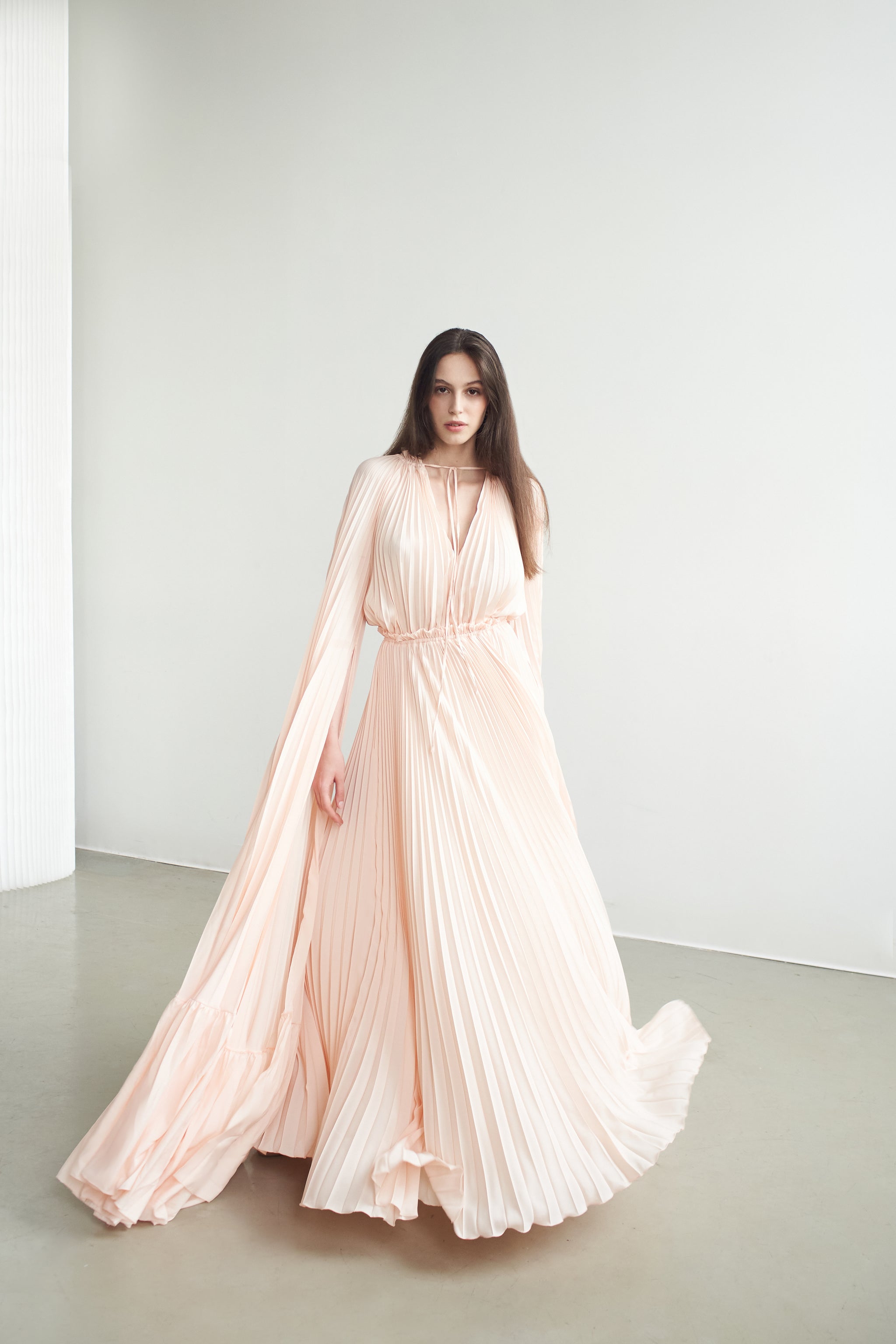 Zaria Plisse Cape Gown Peach Dust