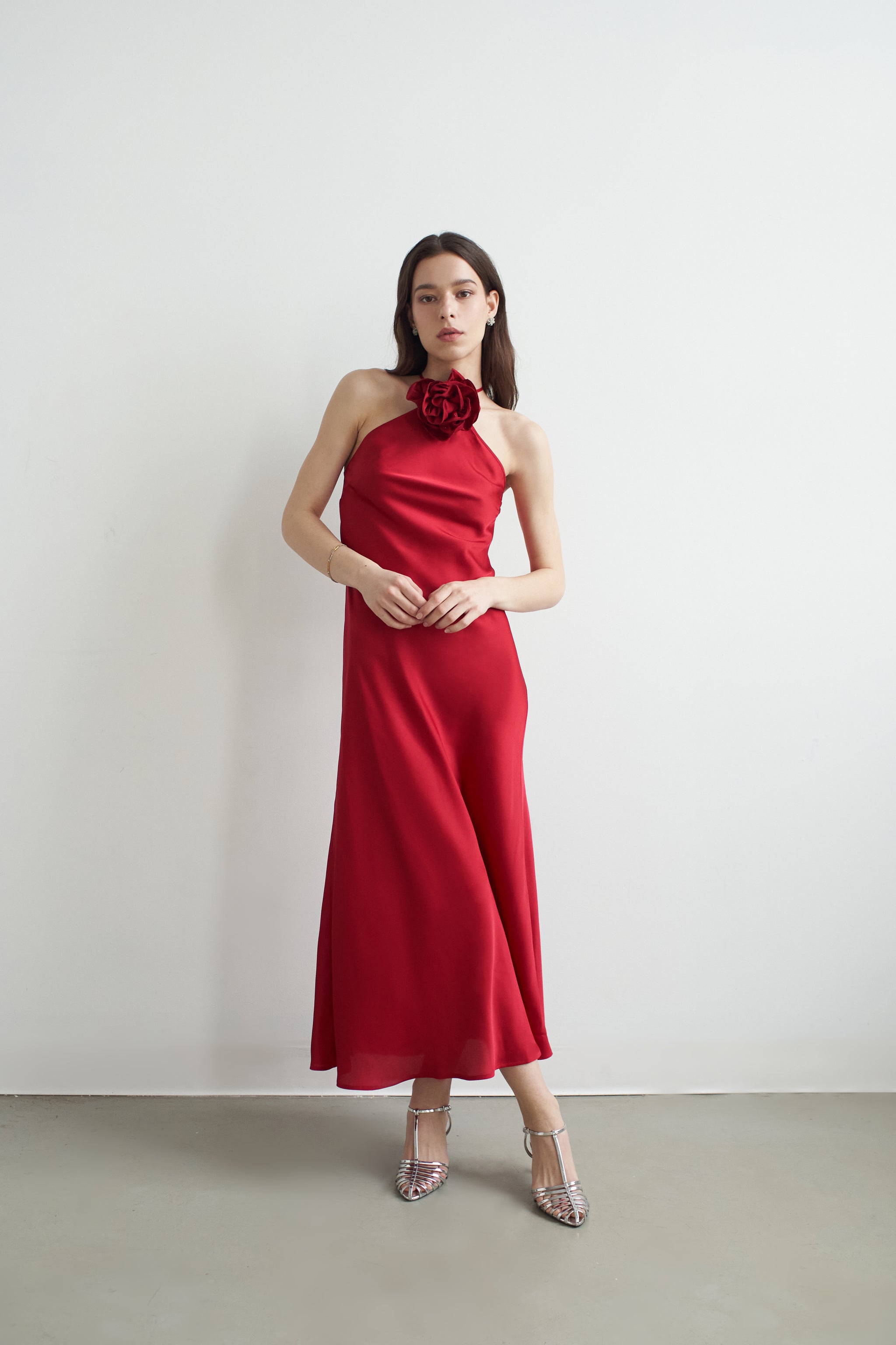 Belle Halter Neck Silky Dress With Crystallised Floral Corsage - Vasiliki Belle Halter Neck Silky Dress With Crystallised Floral Corsage - Vasiliki