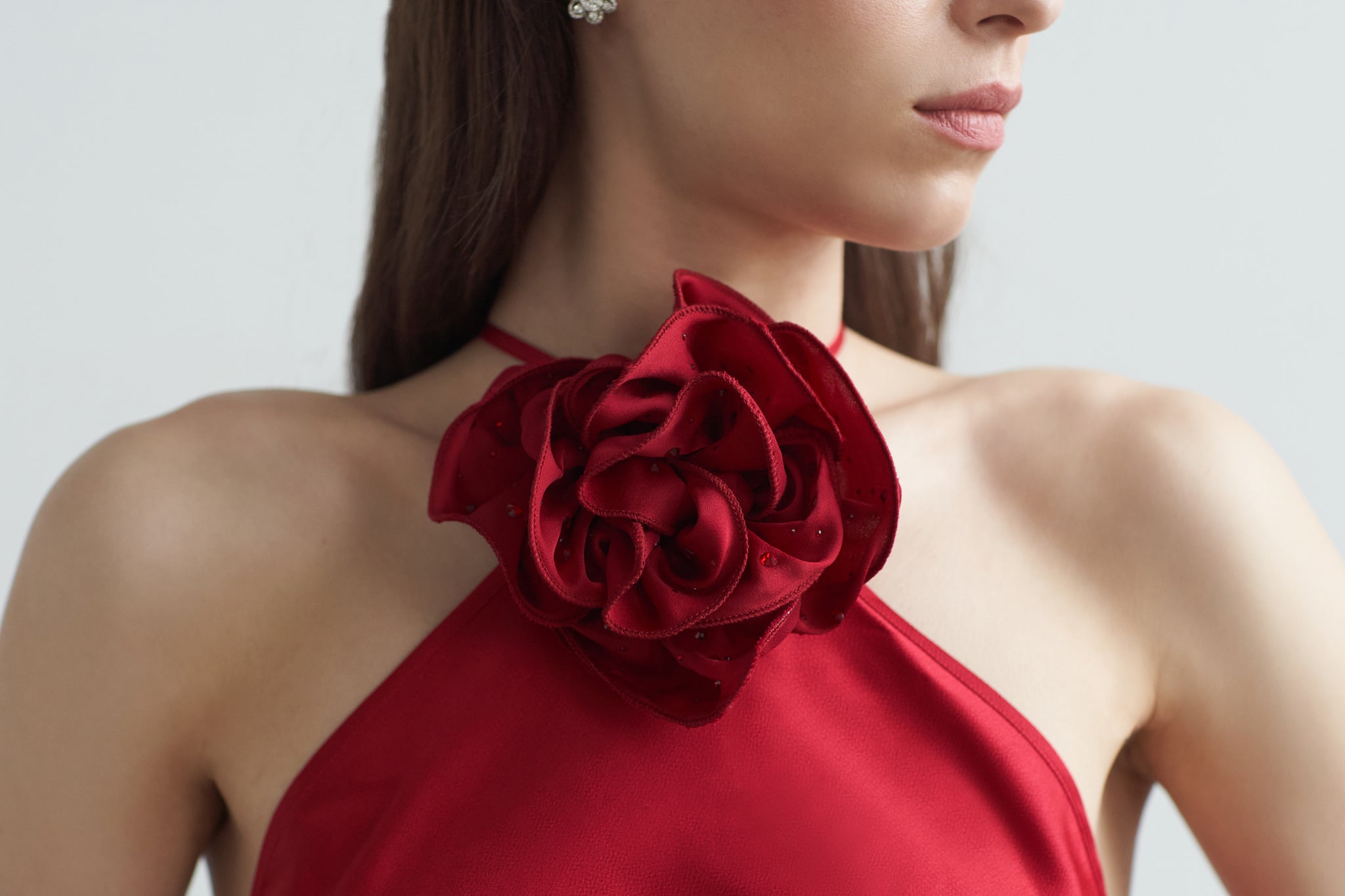 Belle Halter Neck Silky Dress With Crystallised Floral Corsage - Vasiliki Belle Halter Neck Silky Dress With Crystallised Floral Corsage - Vasiliki