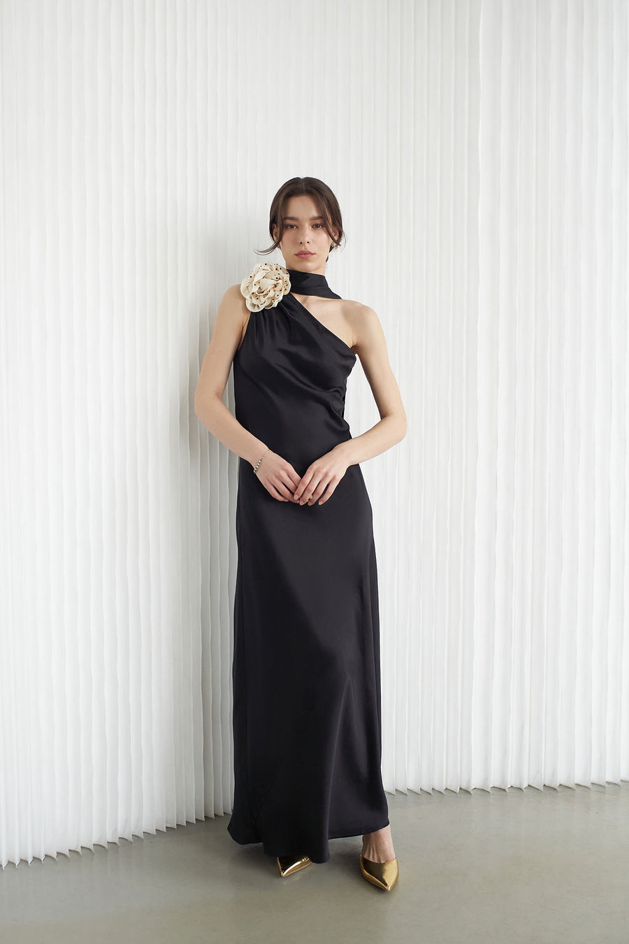 Portia Asymmetric Maxi Dress Noir With Crystallized Corsage