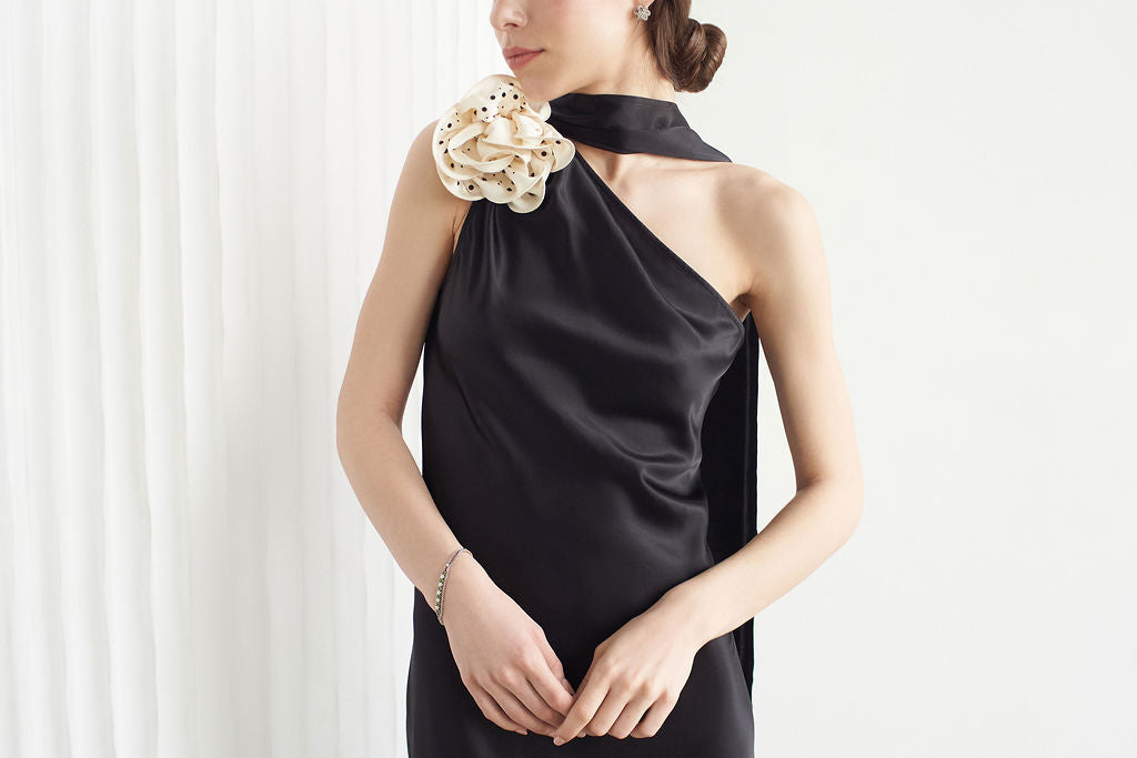 Portia Asymmetric Maxi Dress Noir With Crystallized Corsage