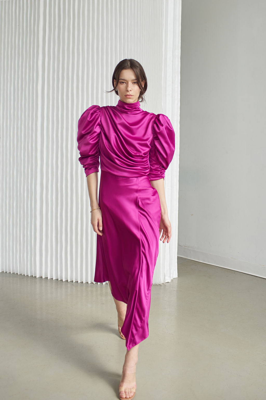FLAVIA SATIN DRAPED DRESS MIDI - Vasiliki FLAVIA SATIN DRAPED DRESS MIDI - Vasiliki