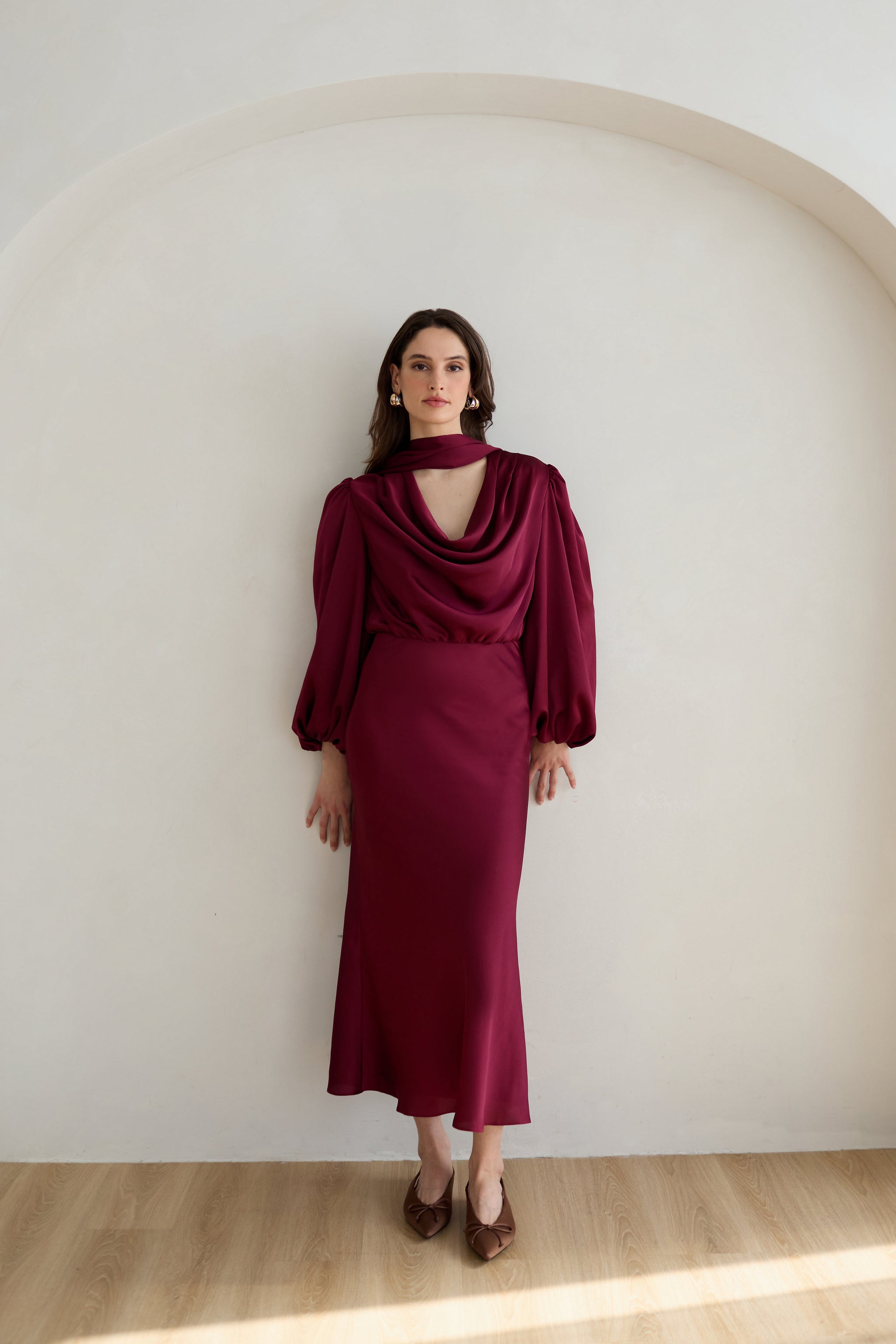 long sleeve cowl neck midi dress Beige Long Sleeve Satin Midi Dress | Elegant Cowl Neck Cocktail & Wedding Guest Dress