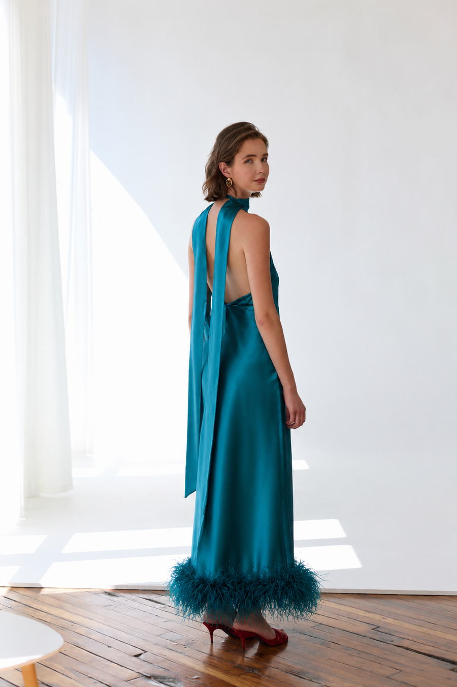 Maliya Feather Dress in Peacock