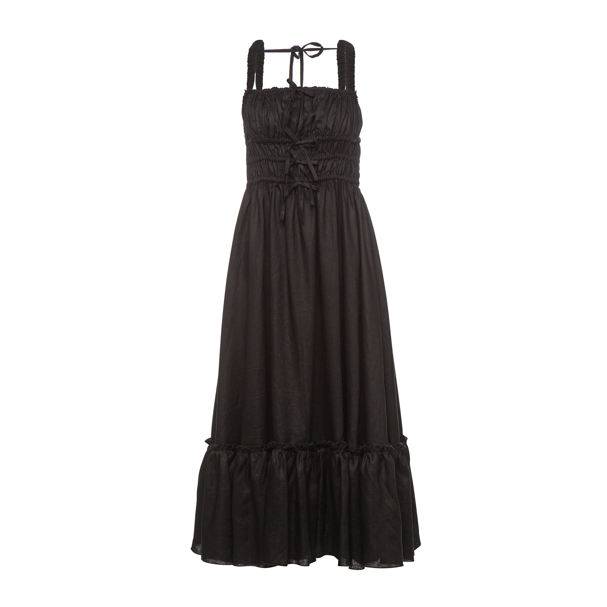Amara Ruched Midi Linen Dress in Noir Black - M Amara Ruched Midi Linen Dress in Noir Black - M