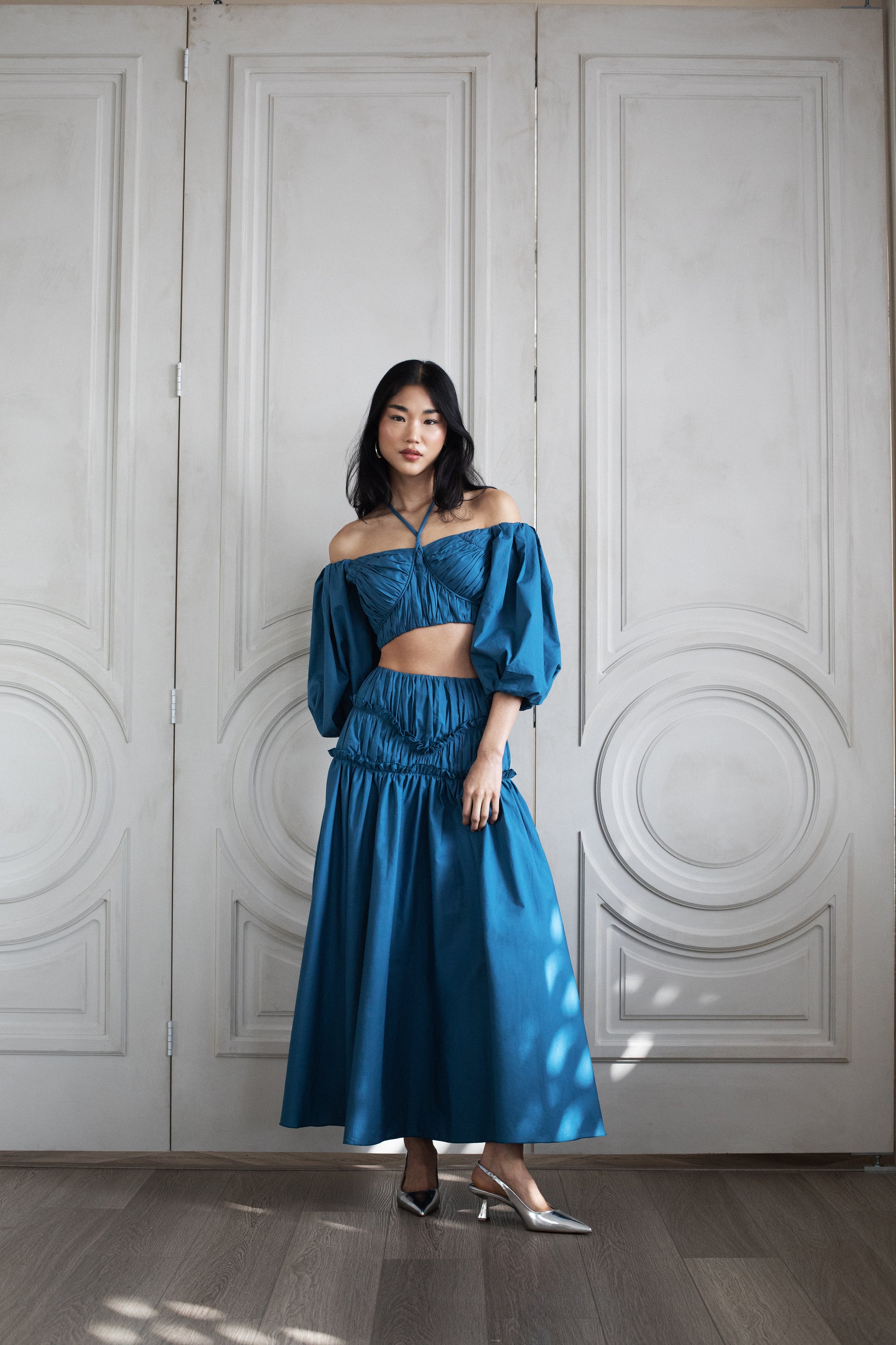isabelle ruched dress Isabella ruched satin gown - midnight blue