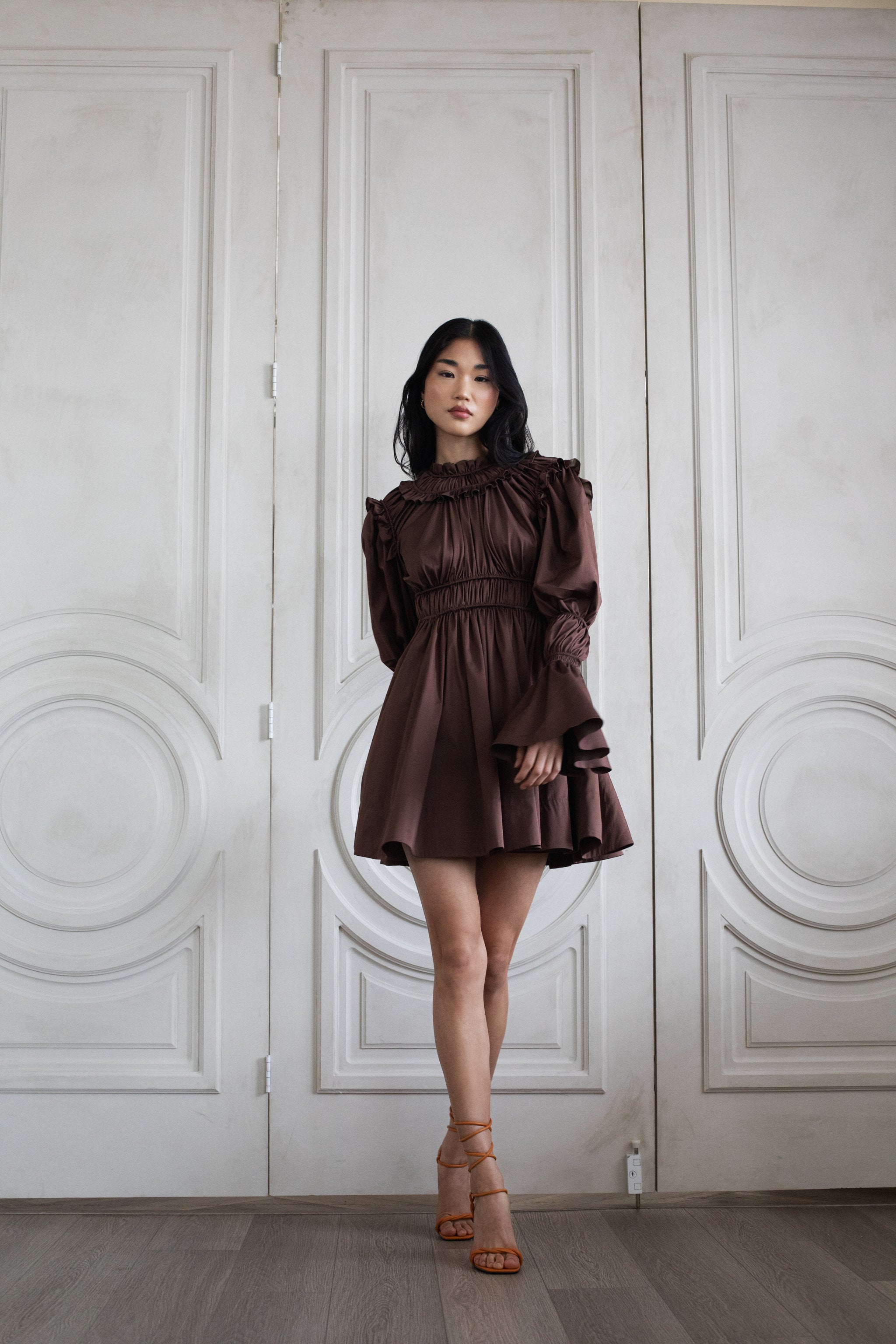 ADELE RUCHED MINI DRESS ESPRESSO - Vasiliki ADELE RUCHED MINI DRESS ESPRESSO - Vasiliki