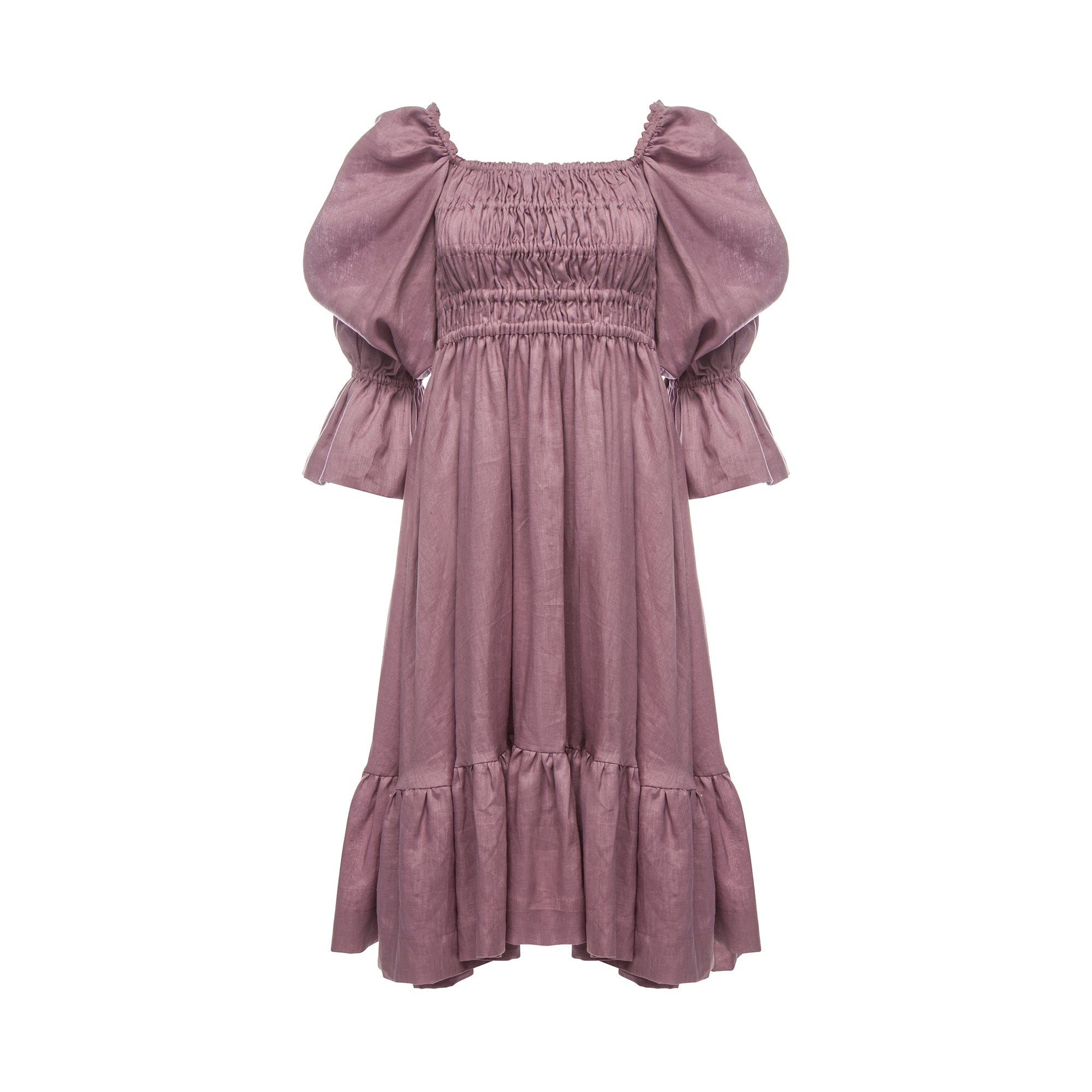 Amelia Ruched Midi Linen Dress in Rhapsody Purple