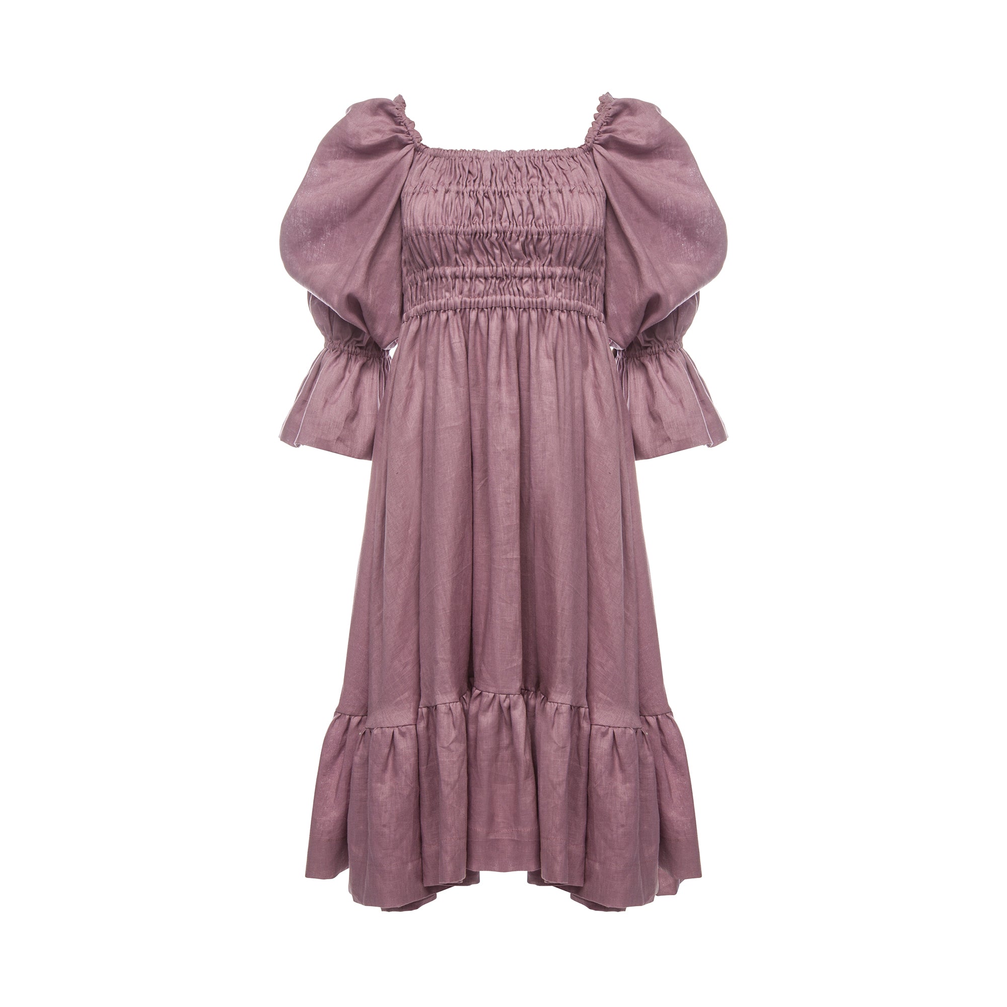 Amelia Ruched Midi Linen Dress in Rhapsody Purple Amelia Ruched Midi Linen Dress in Rhapsody Purple