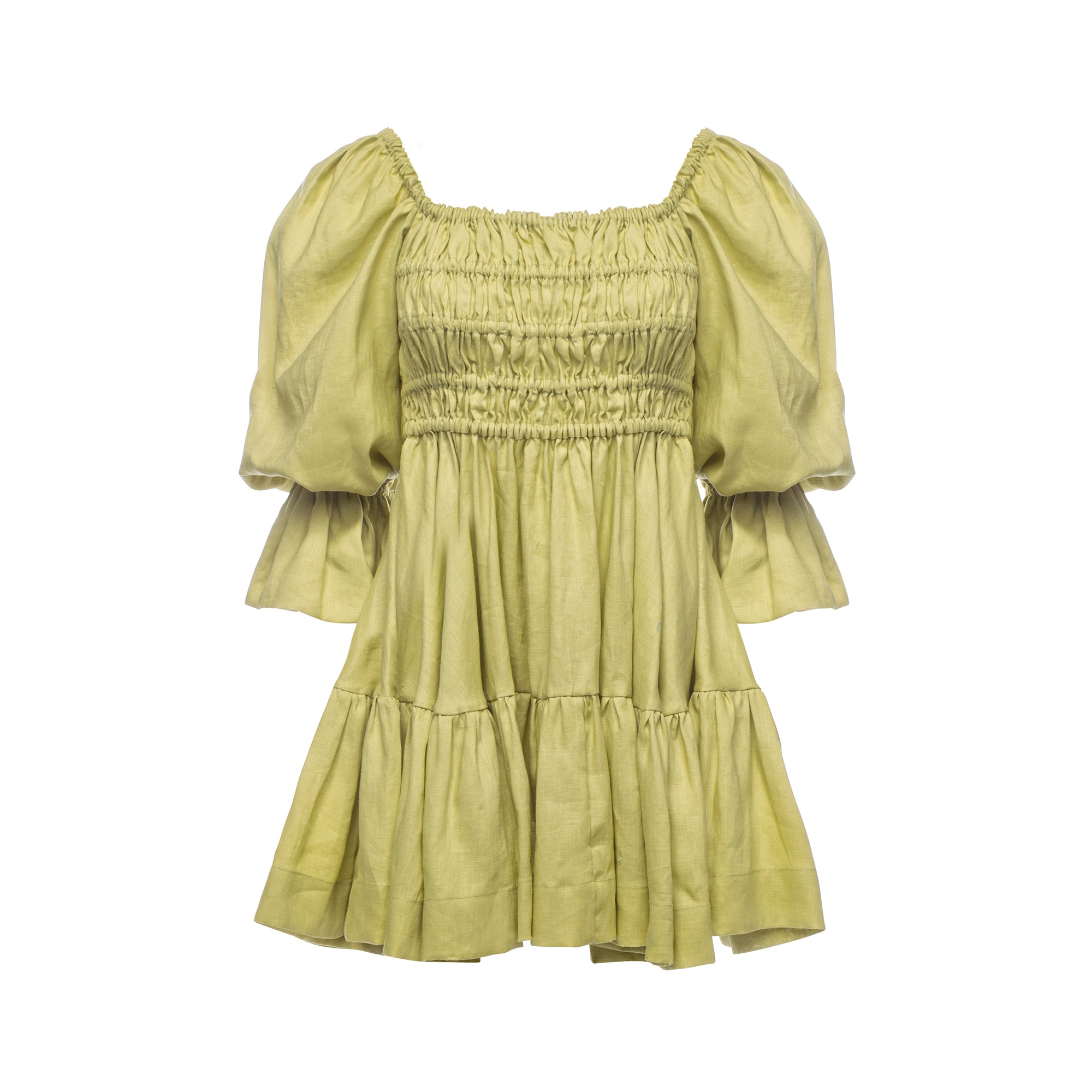 Amelia Ruched Mini Linen Dress in Lime Cream