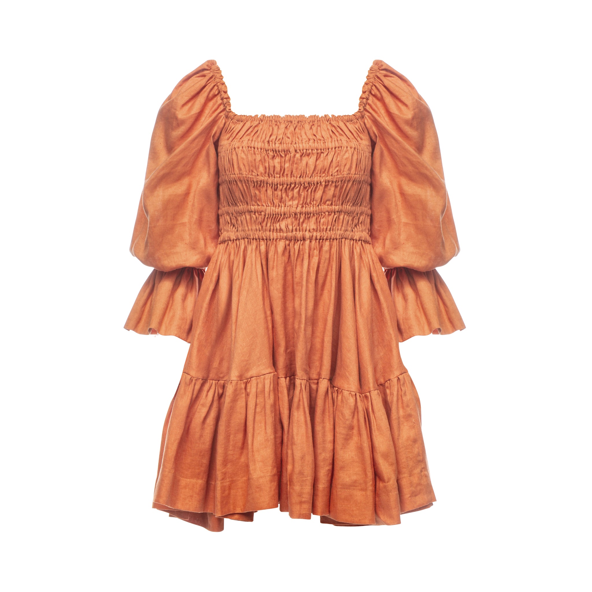 Amelia Ruched Mini Linen Dress in Rust Orange
