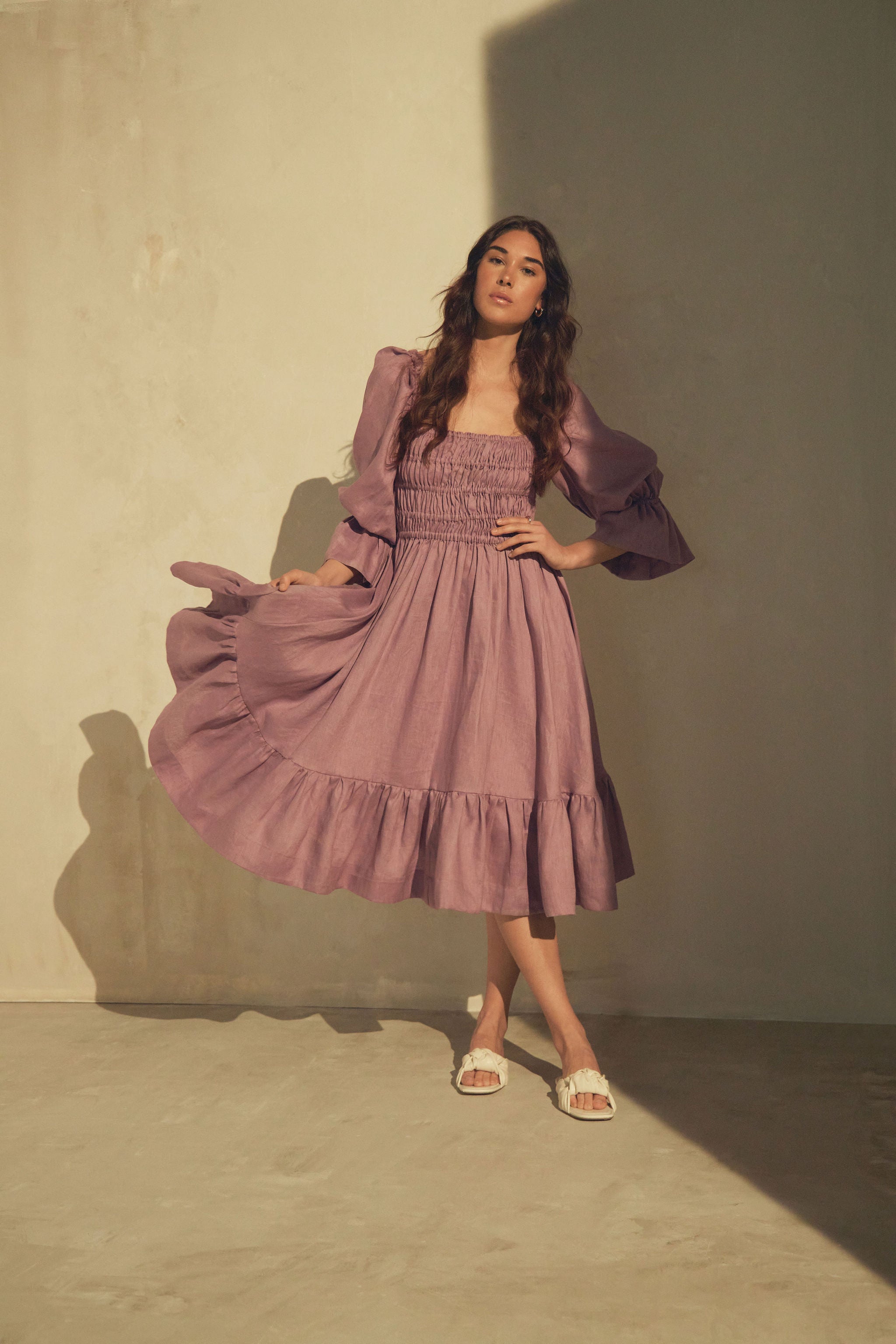 Amelia Ruched Midi Linen Dress in Rhapsody Purple Amelia Ruched Midi Linen Dress in Rhapsody Purple