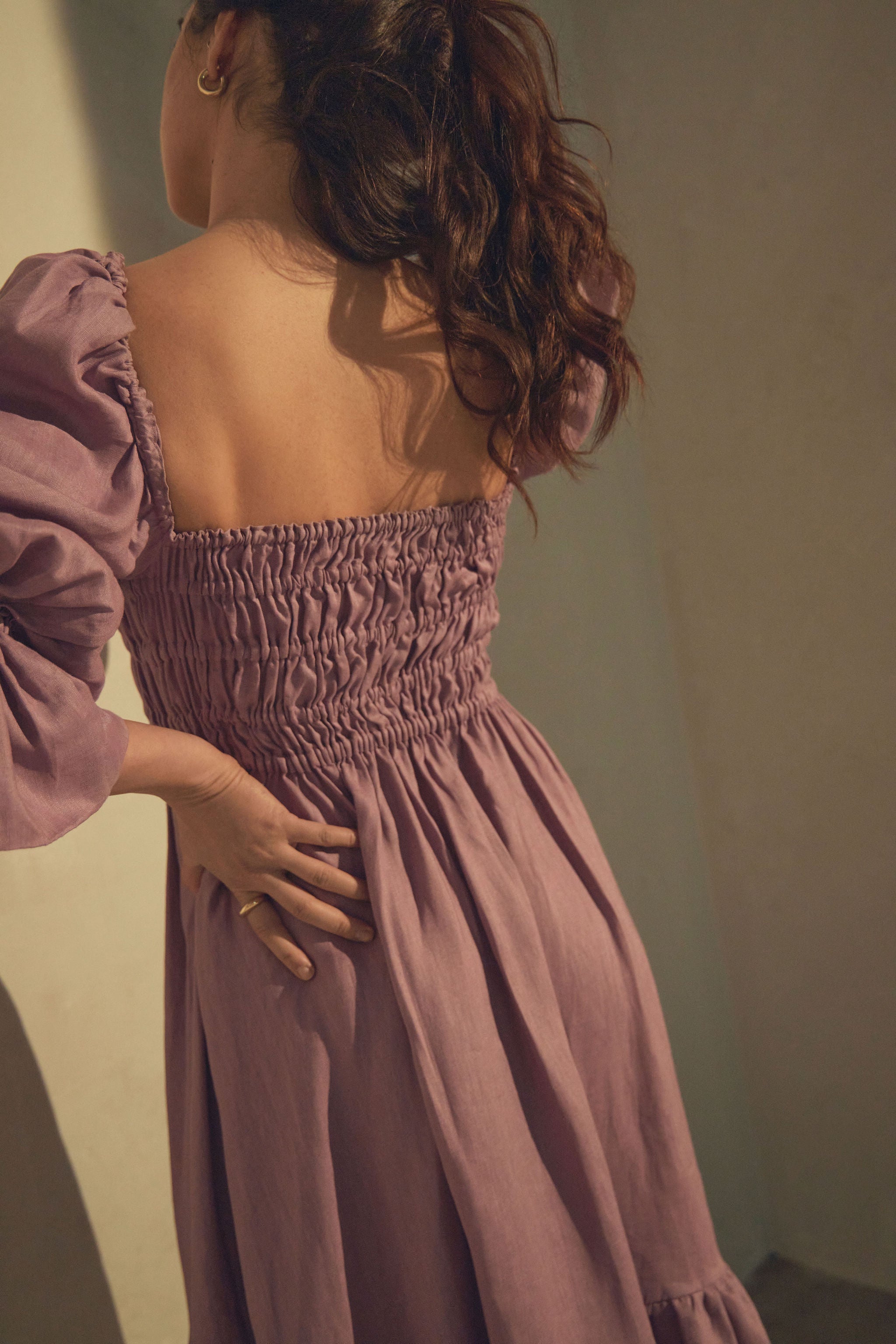 Amelia Ruched Midi Linen Dress in Rhapsody Purple Amelia Ruched Midi Linen Dress in Rhapsody Purple