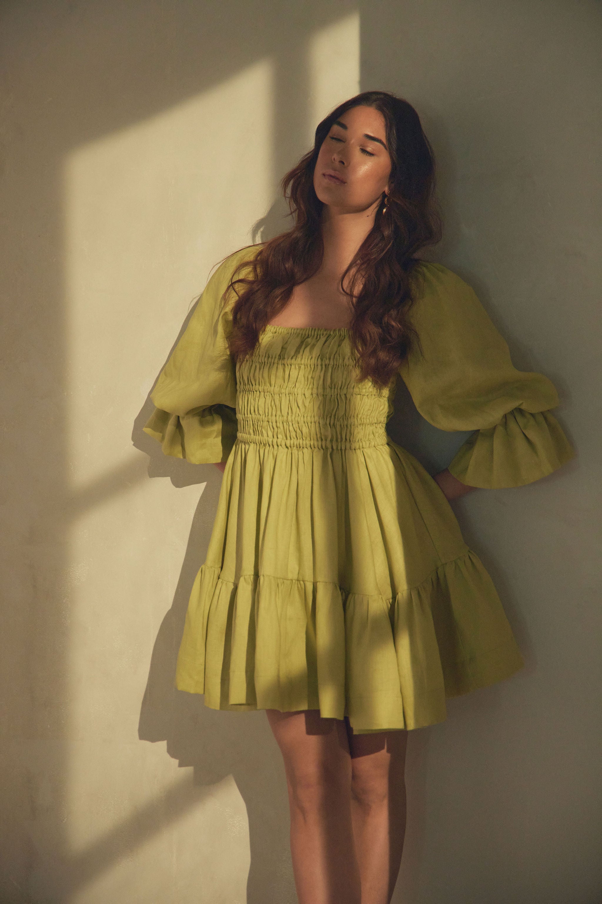 amelia ruched mini dress Amelia Ruched Mini Linen Dress in Lime Cream