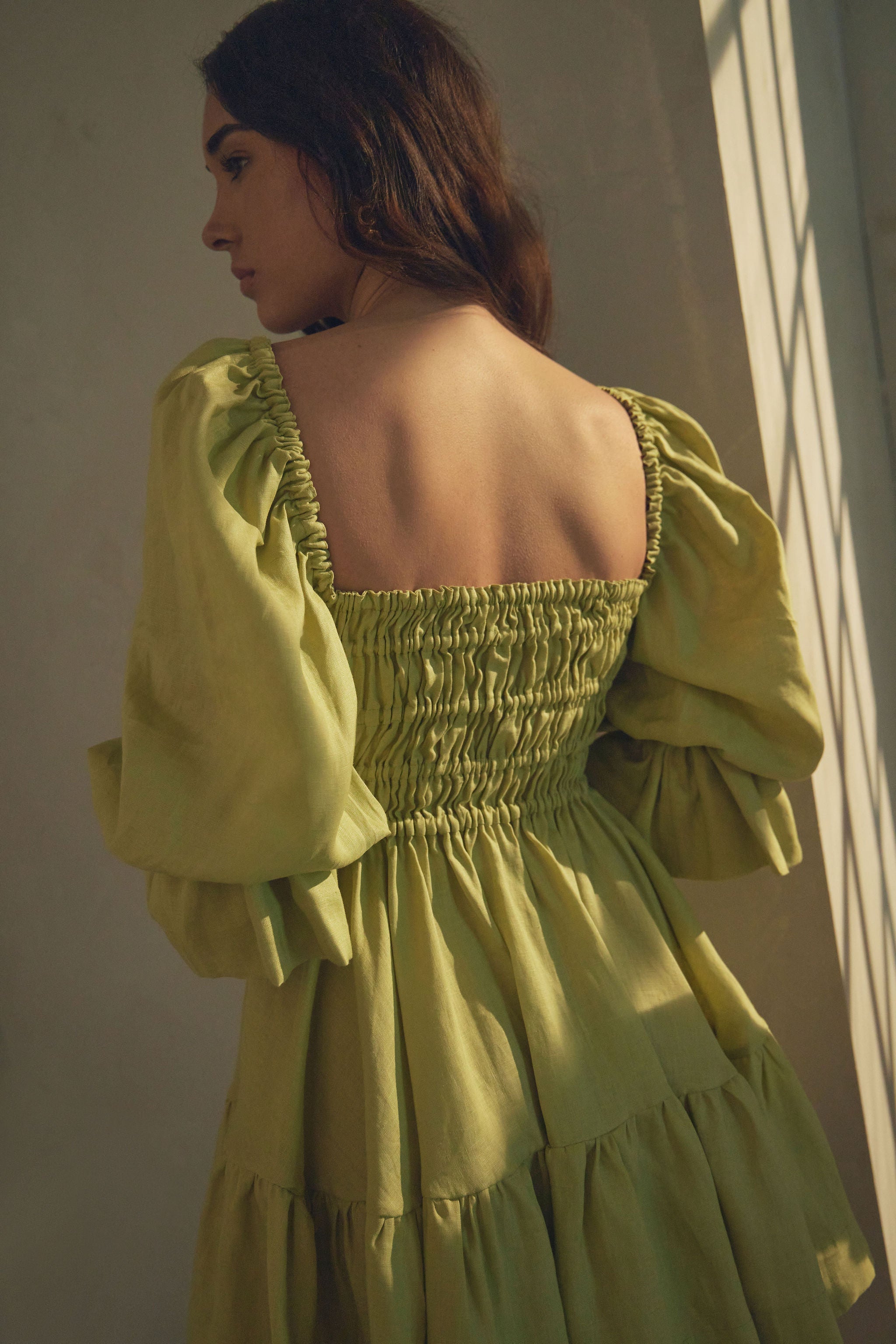 Amelia Ruched Mini Linen Dress in Lime Cream Amelia Ruched Mini Linen Dress in Lime Cream
