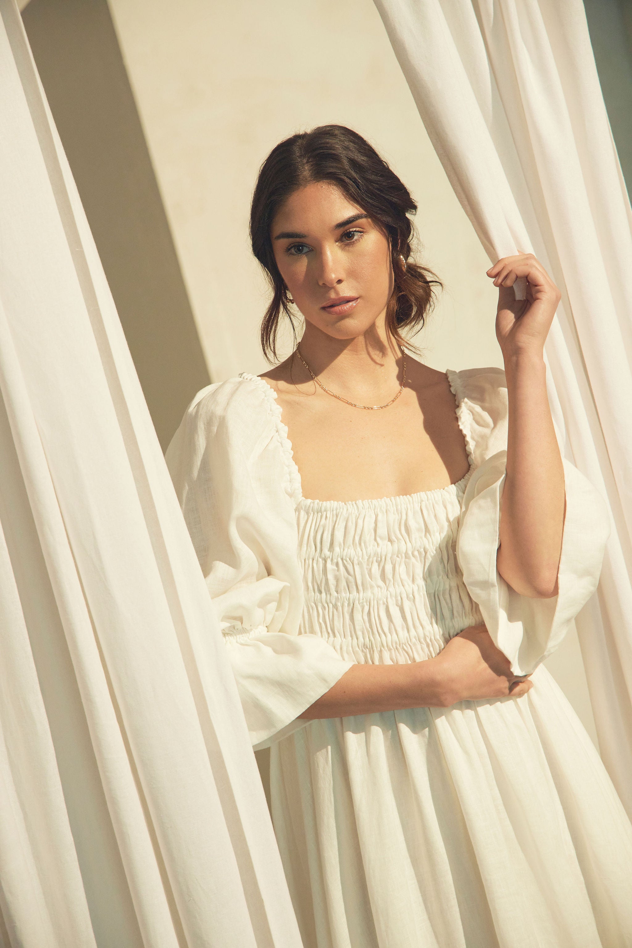 amelia linen dress Vasiliki Atelier Amelia Ruched Midi Linen Dress in Dove - White