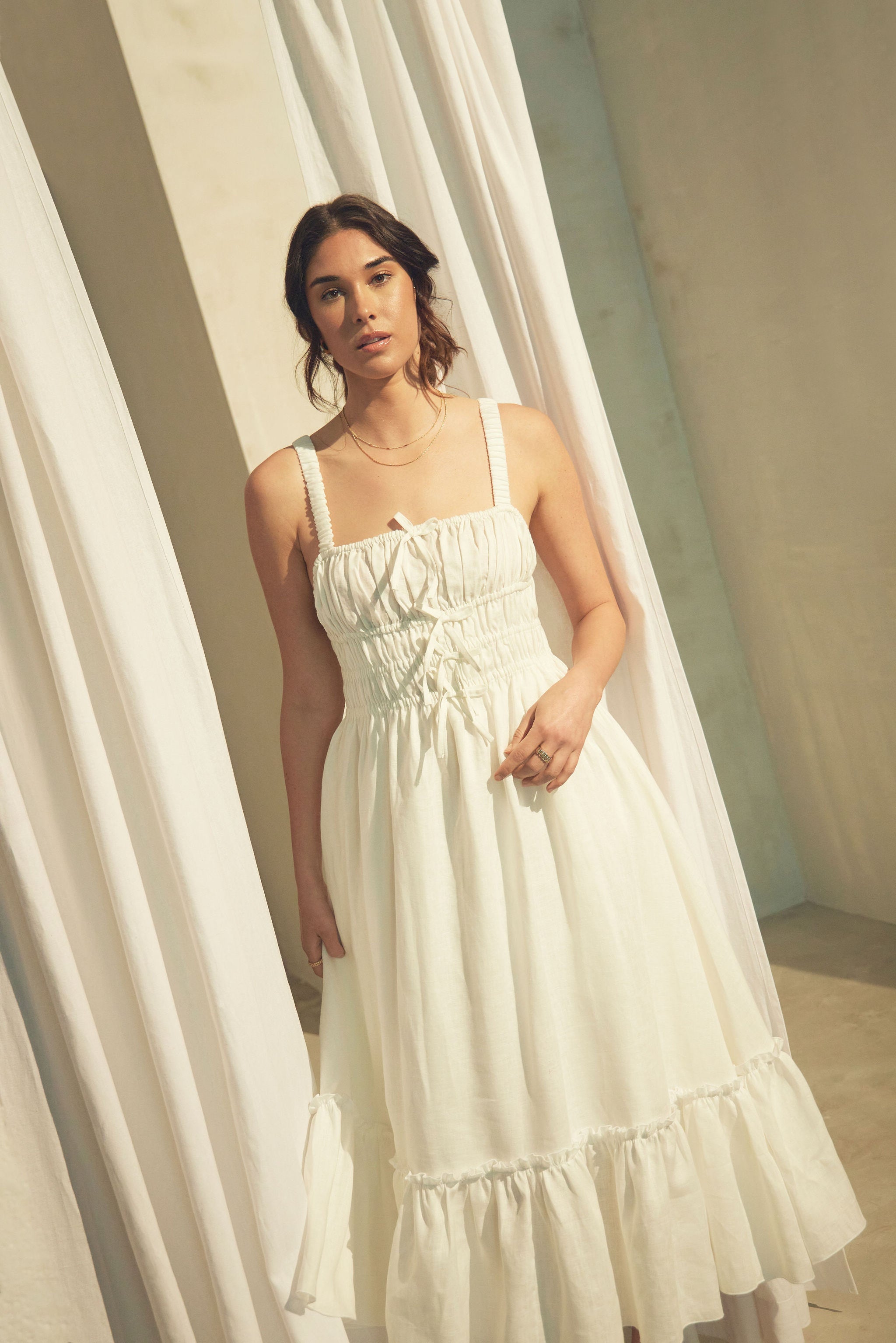 Vasiliki Atelier Amara Ruched Midi Linen Dress - Pristine - White - M Vasiliki Atelier Amara Ruched Midi Linen Dress - Pristine - White - M