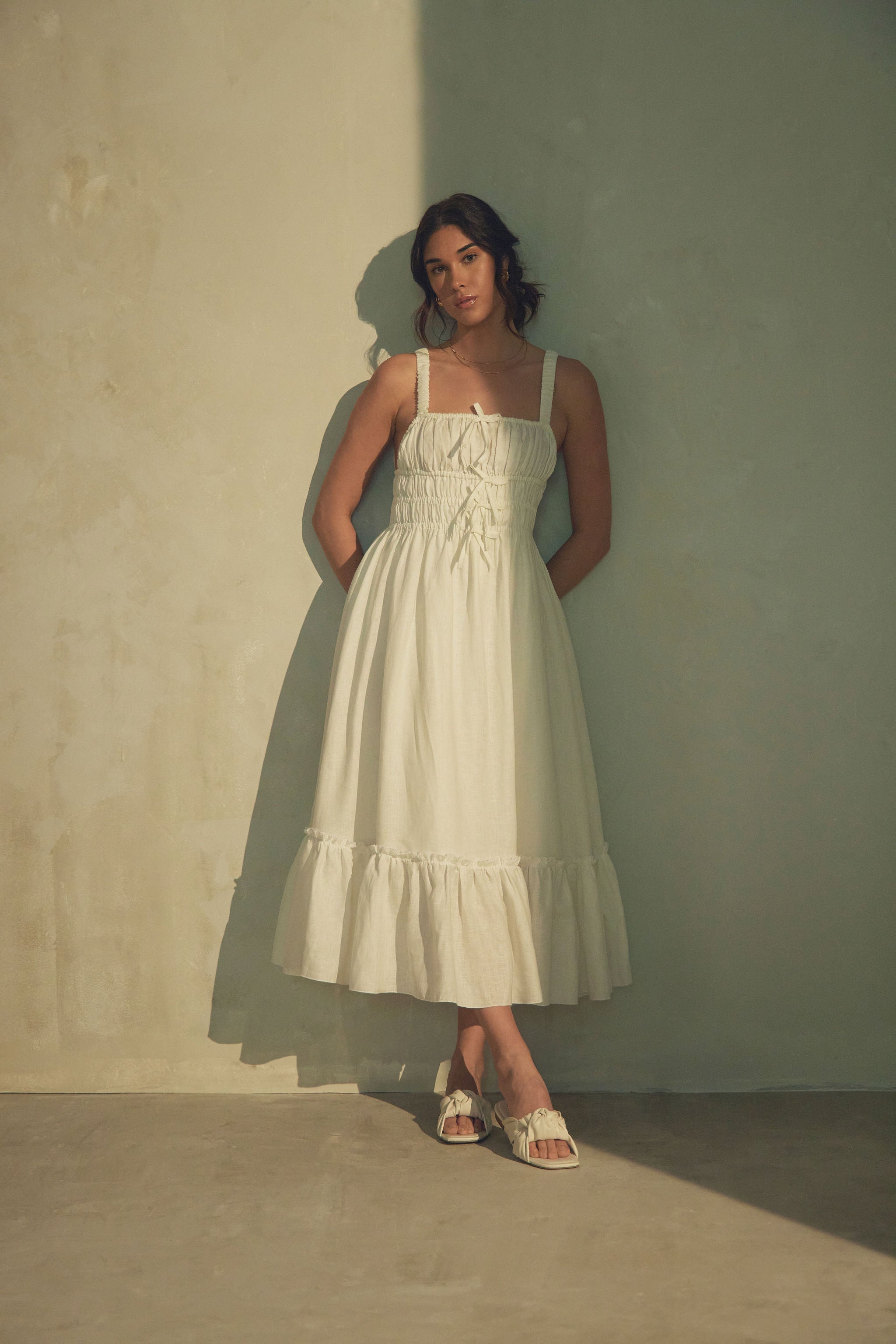 Amara Ruched Midi Linen Dress in Pristine