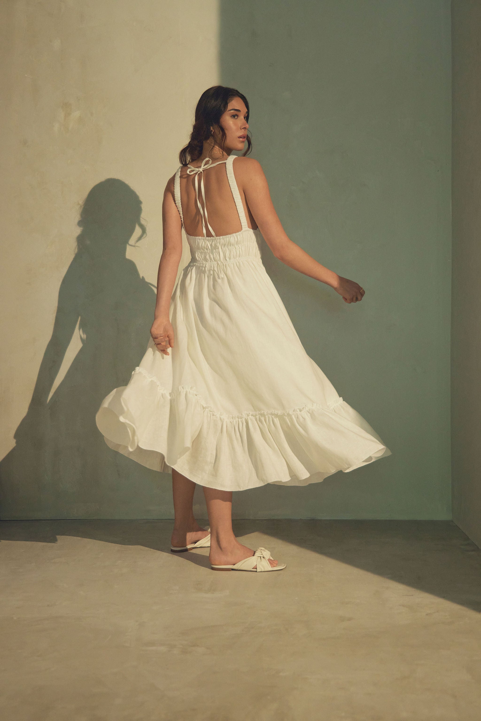 Vasiliki Atelier Amara Ruched Midi Linen Dress - Pristine - White - M Vasiliki Atelier Amara Ruched Midi Linen Dress - Pristine - White - M