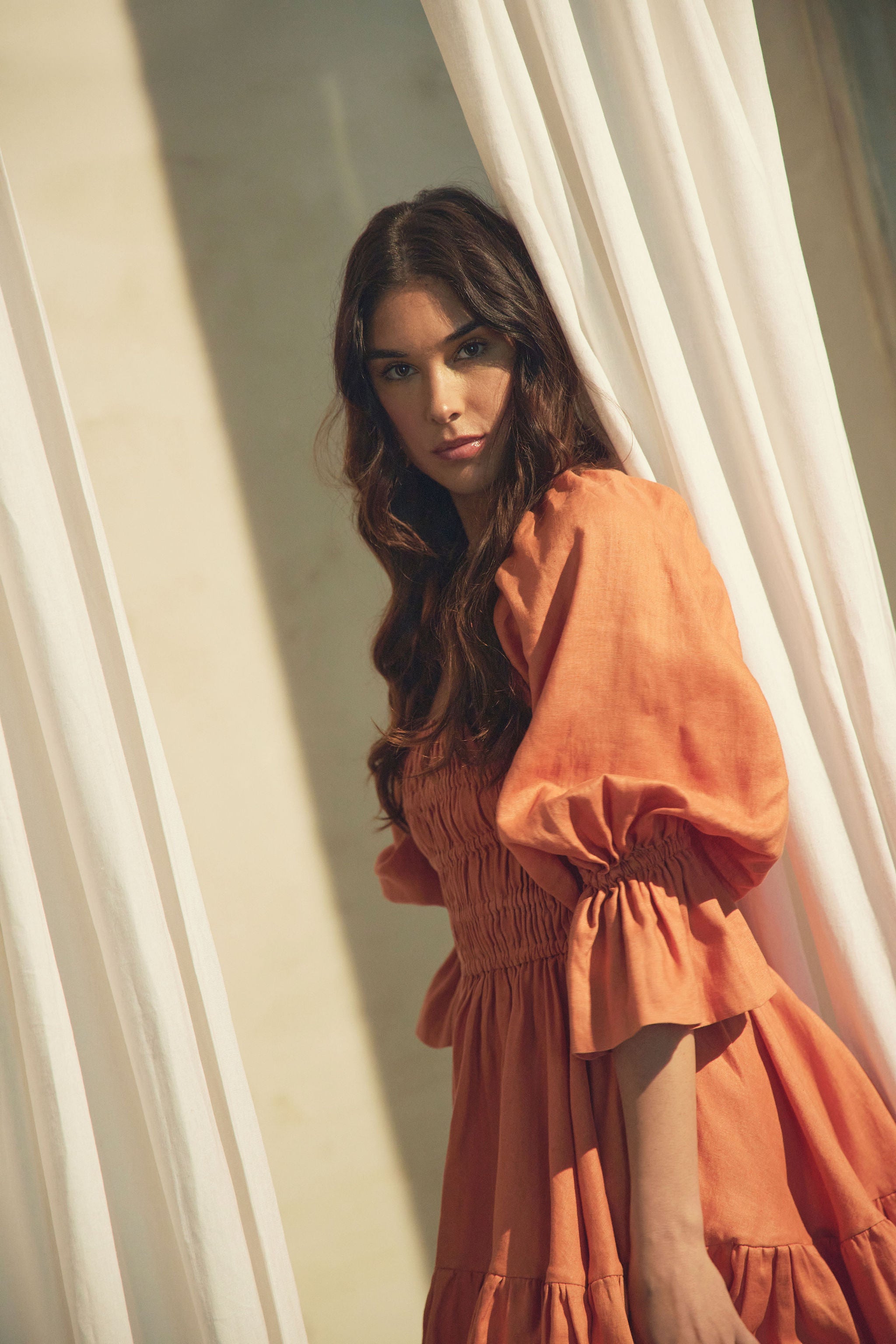 Amelia Ruched Mini Linen Dress in Rust Orange M Amelia Ruched Mini Linen Dress in Rust Orange M