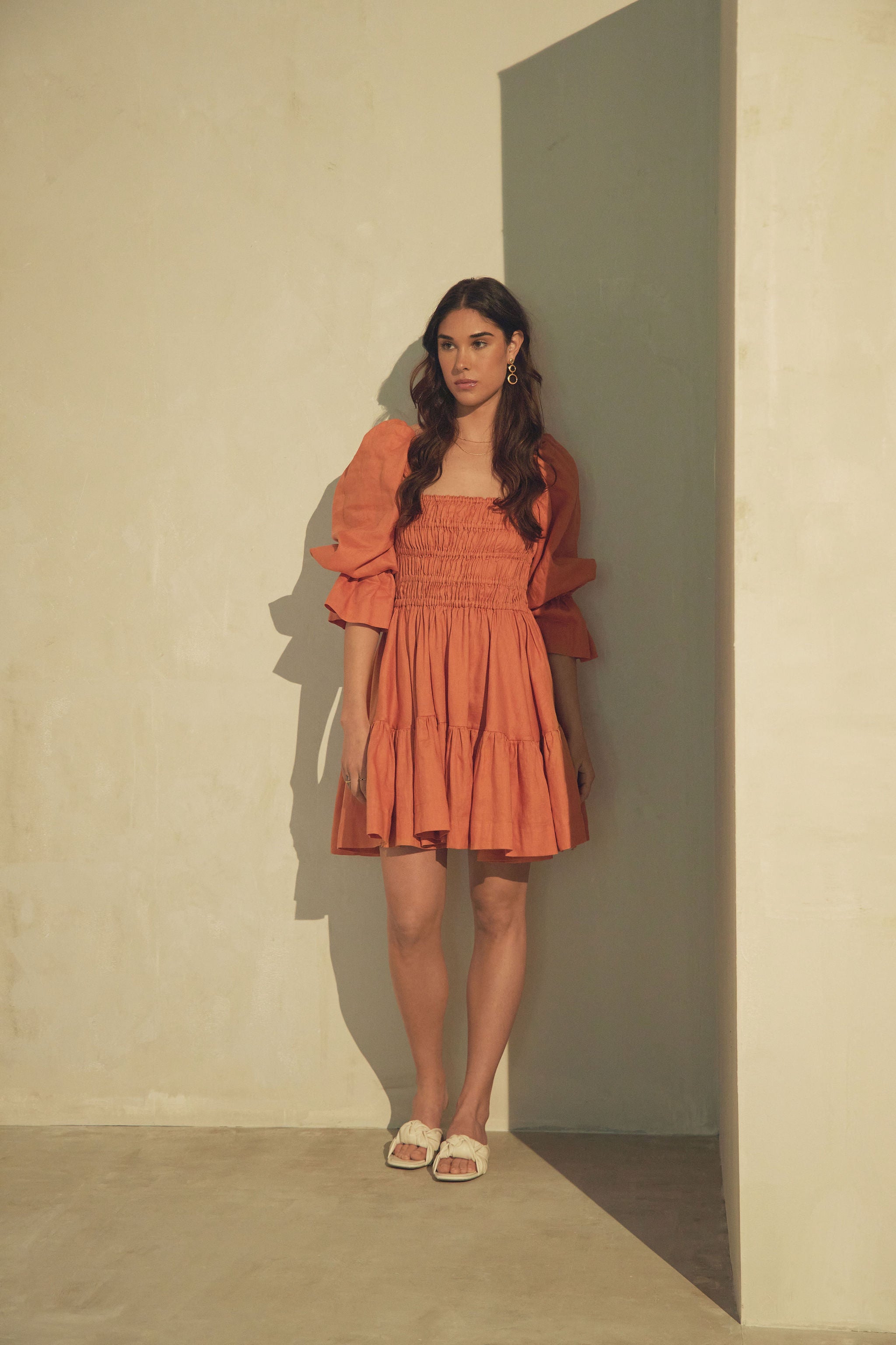 Amelia Ruched Mini Linen Dress in Rust Orange