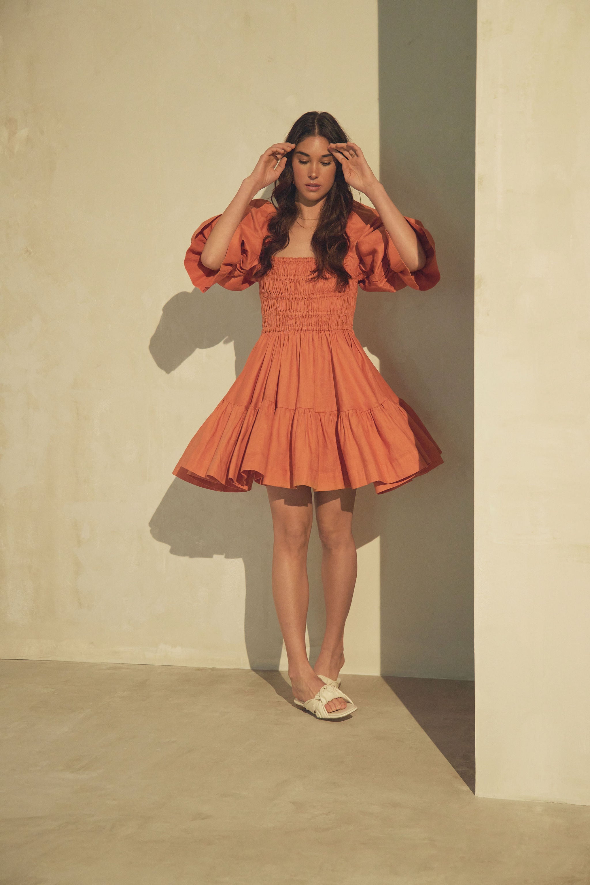 Amelia Ruched Mini Linen Dress in Rust Orange M Amelia Ruched Mini Linen Dress in Rust Orange M