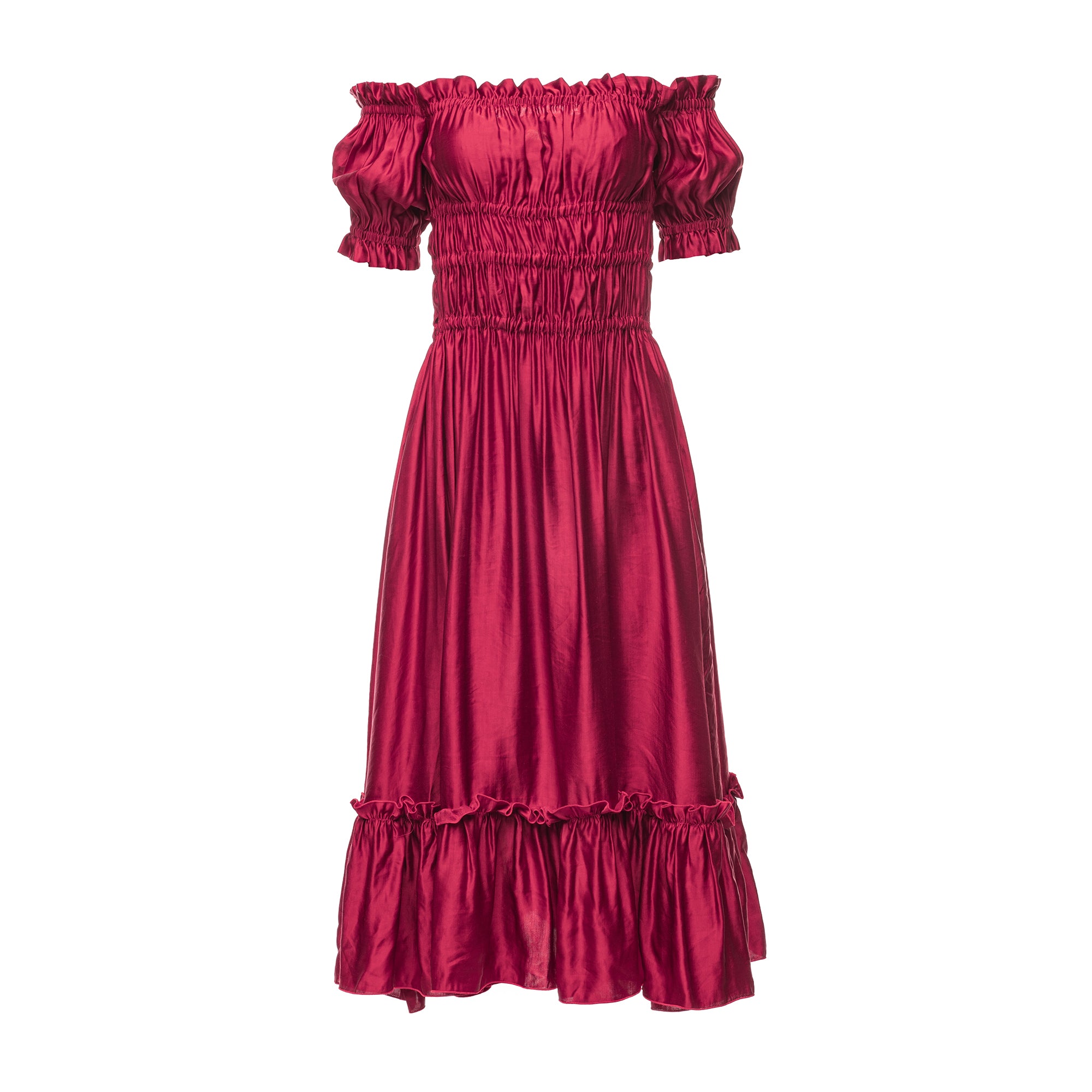 Evita Ruched Silk Linen Midi Dress in Rasberry Pink